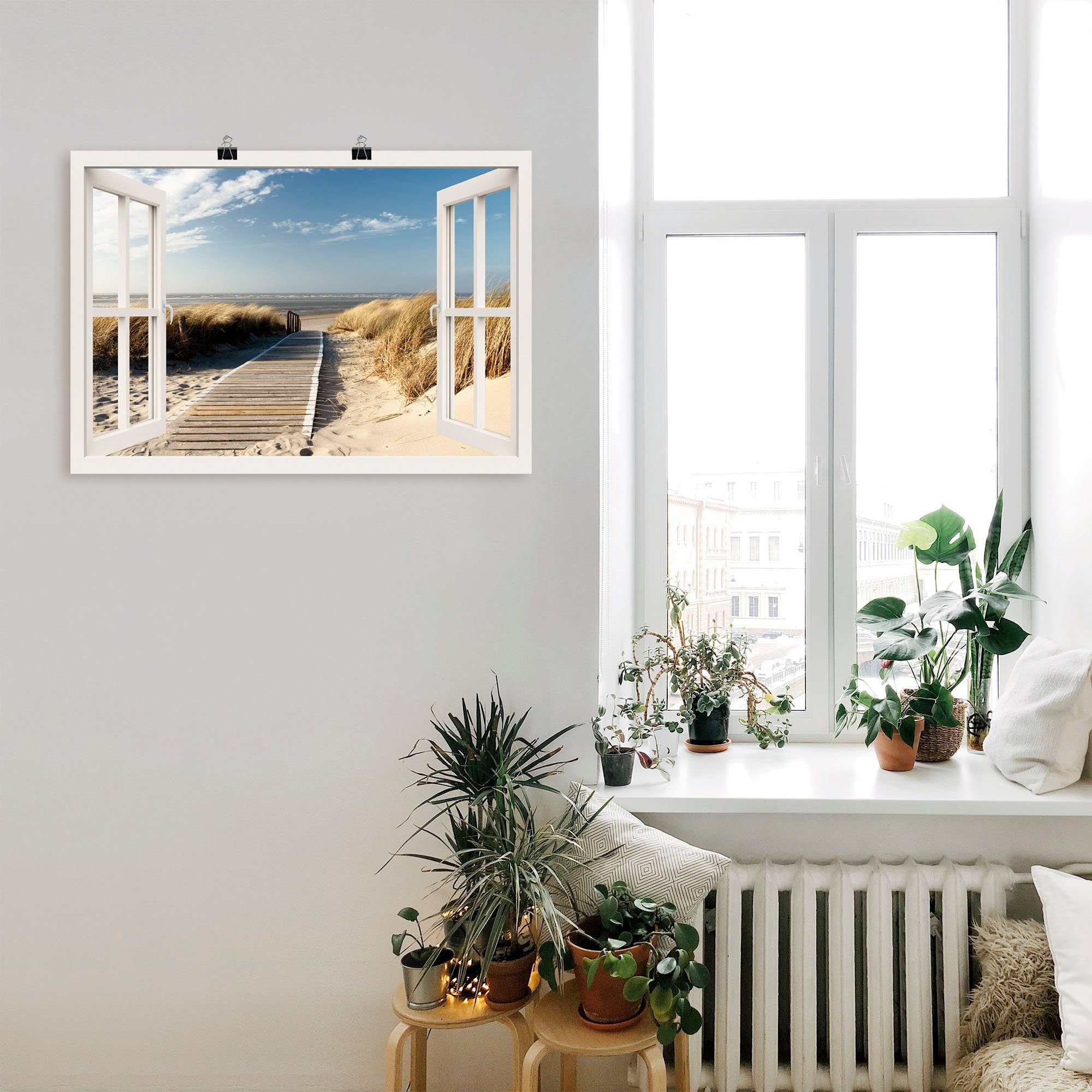Artland Artprint Blik uit het venster Noordzeestrand op Langeoog als artprint op linnen, poster, muursticker in verschillende maten