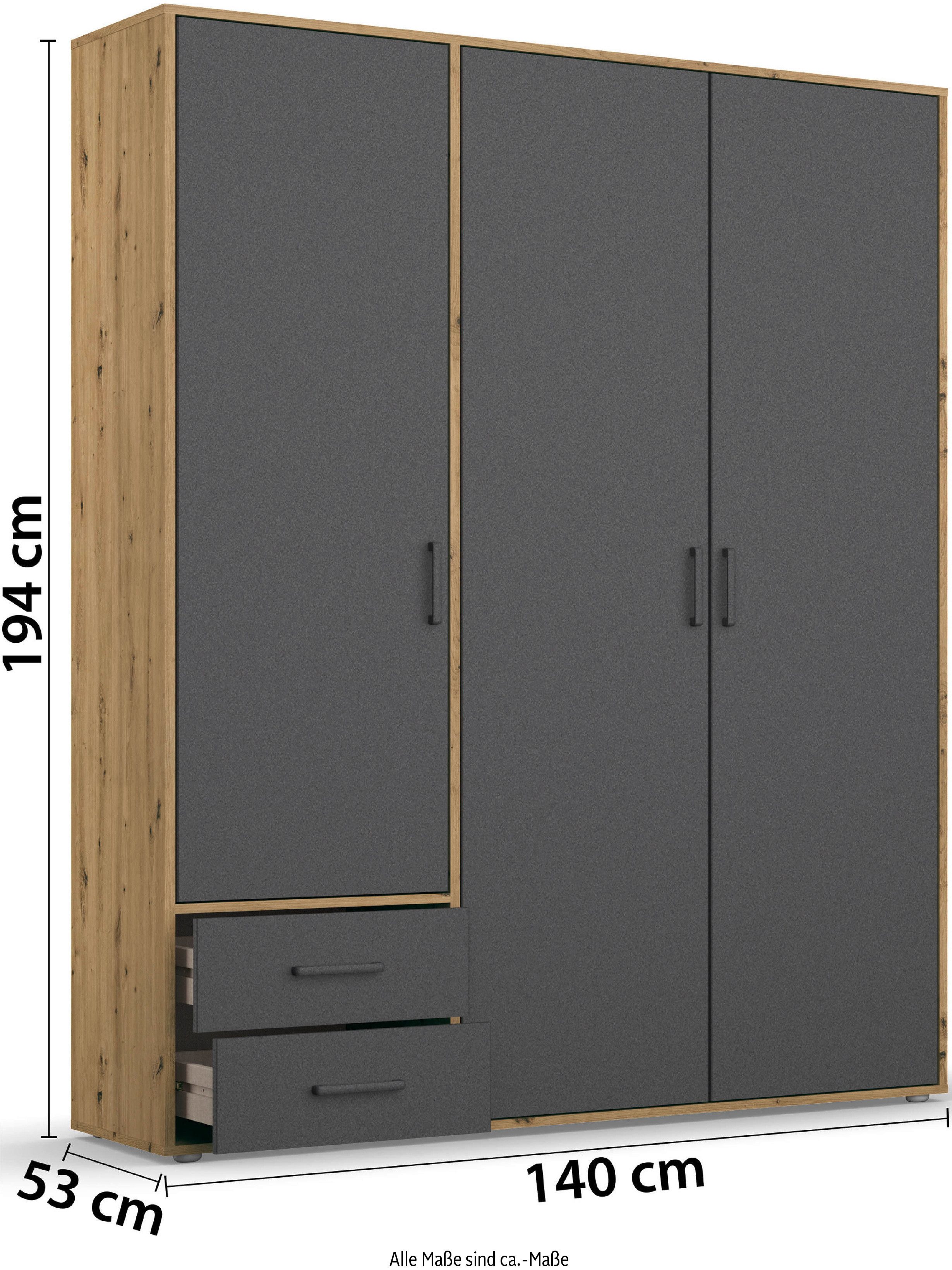 rauch Draaideurkast Kledingkast kast garderobe linnenkast VOYAGER moderne grepen in grijs metallic met buitenlades made in germany