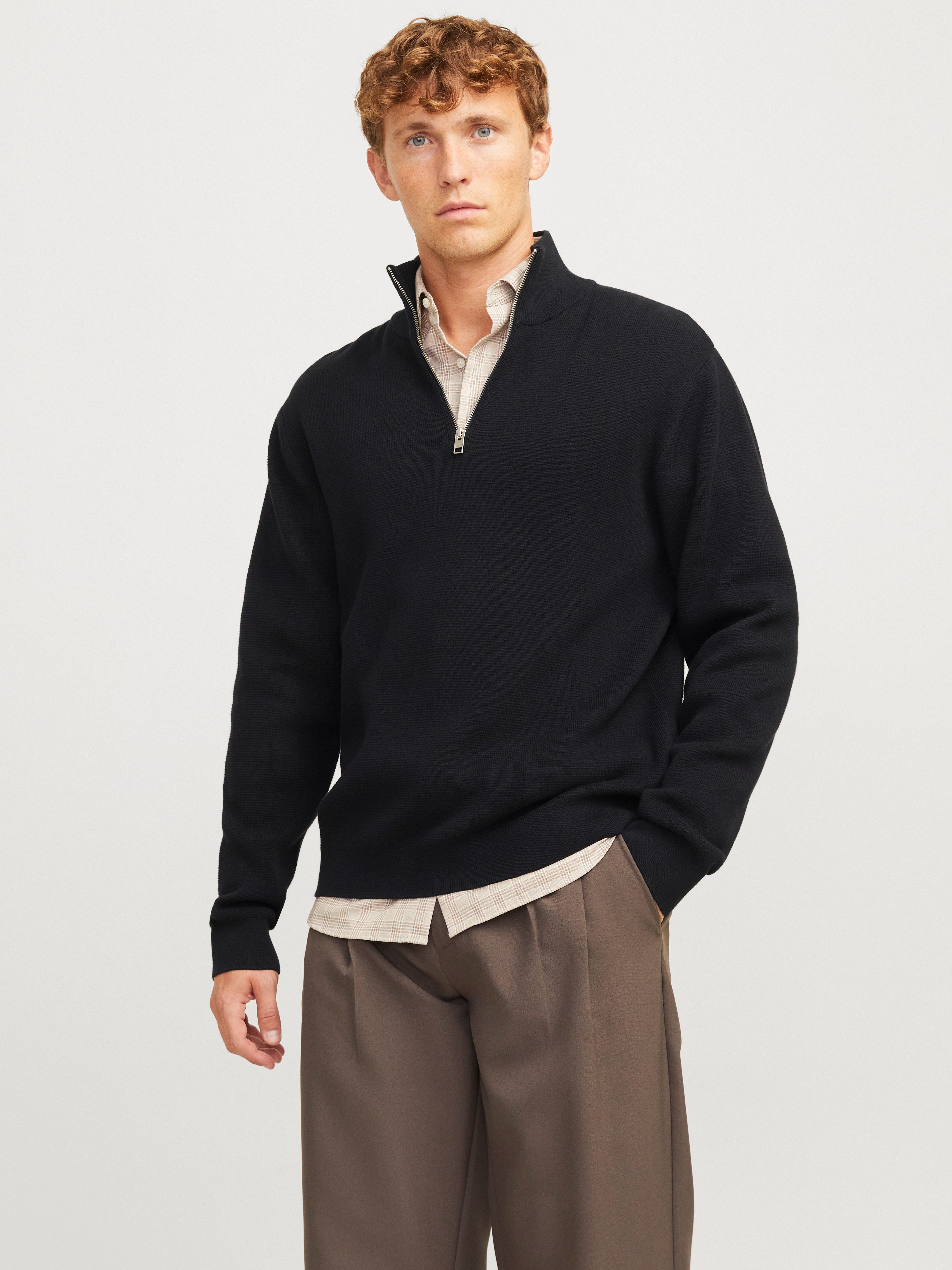 Jack & Jones Schipperstrui JPRBLAMILANO STITCH KNIT HALF ZIP SN heren pullovers maat S zwart