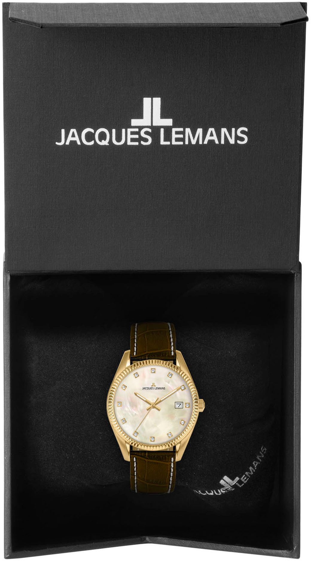 Jacques Lemans Kwartshorloge Polshorloge, dameshorloge, analoog, datum, leren armband