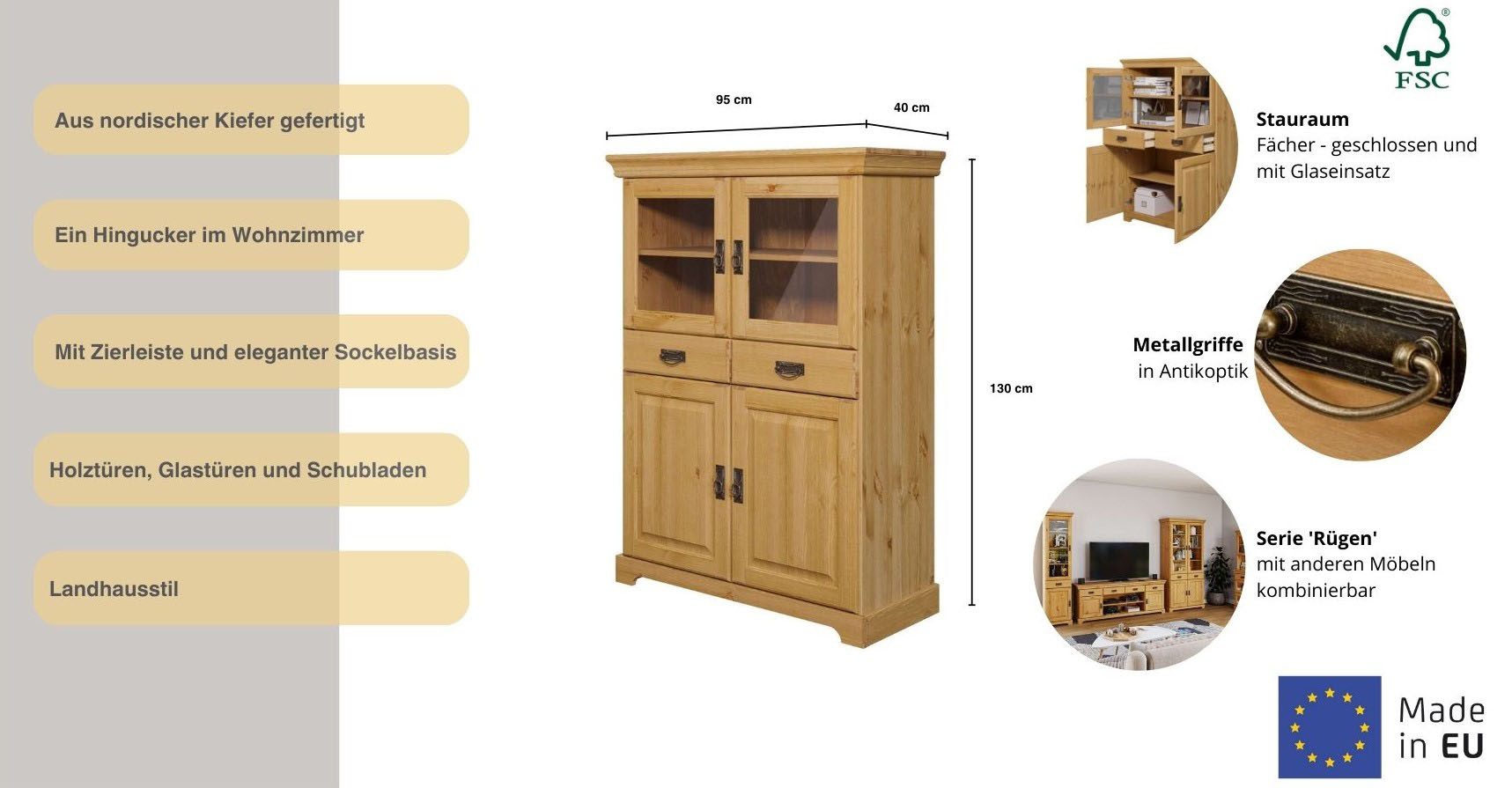 Home affaire Highboard Rügen Vitrine in landelijke stijl, gecertificeerd massief hout, hoogte 131 cm