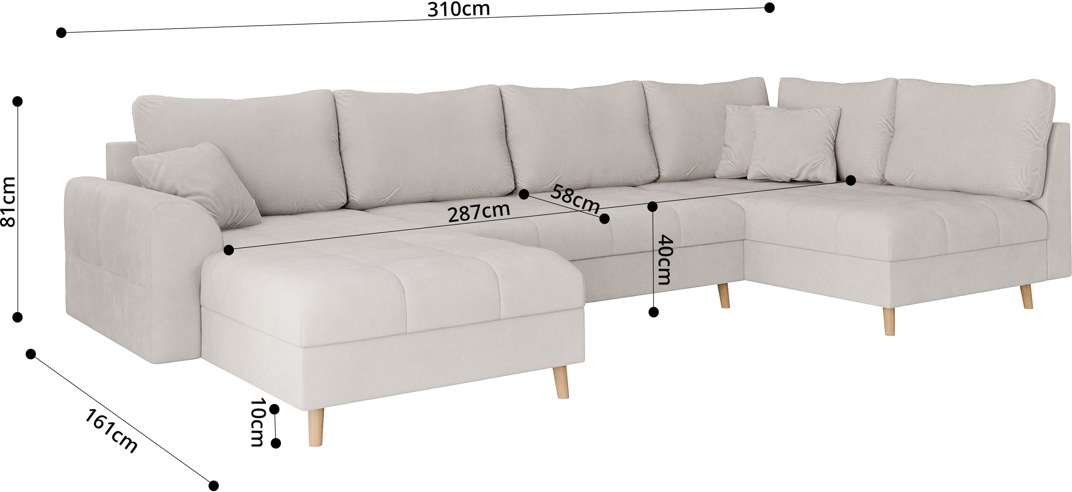 Home affaire Zithoek CHARRE U-vorm met ottomane, afmetingen B/D/H: 310/161/81 cm fijne stiksels, losse rug- en sierkussens, ook in cord en bouclé