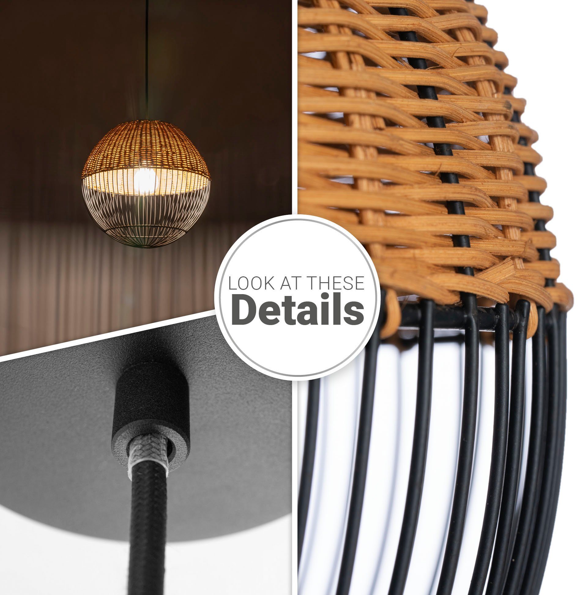 Paco Home Hanglamp Puro Rattan lamp mand lamp LED Boho natuurlijk vintage rond E27