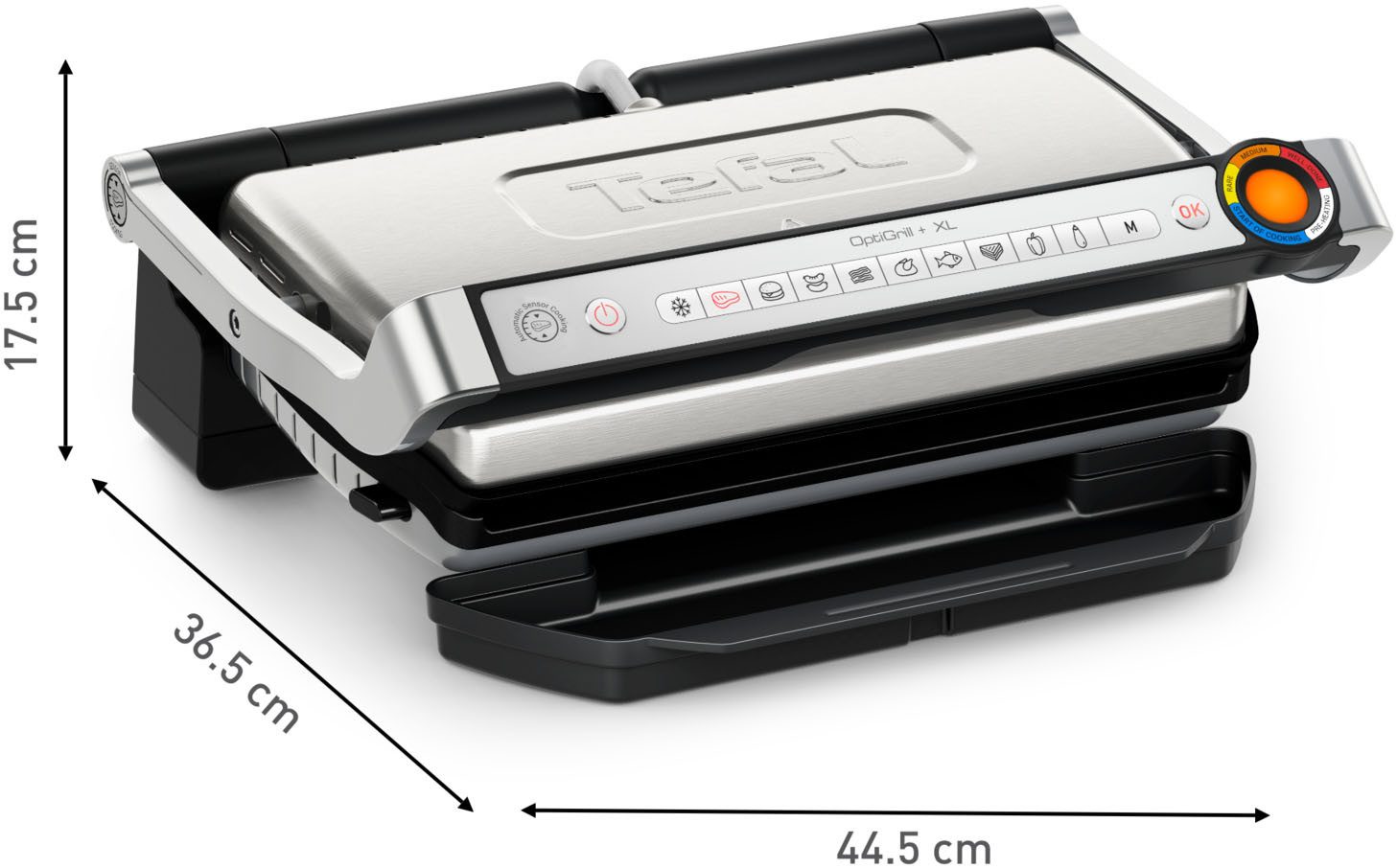 Tefal Contactgrill OptiGrill + XL, erneuerte Kochstufenanzeige, 9 automatische Programme vernieuwde kookniveau-indicator, handmatig + 9 automatische programma's