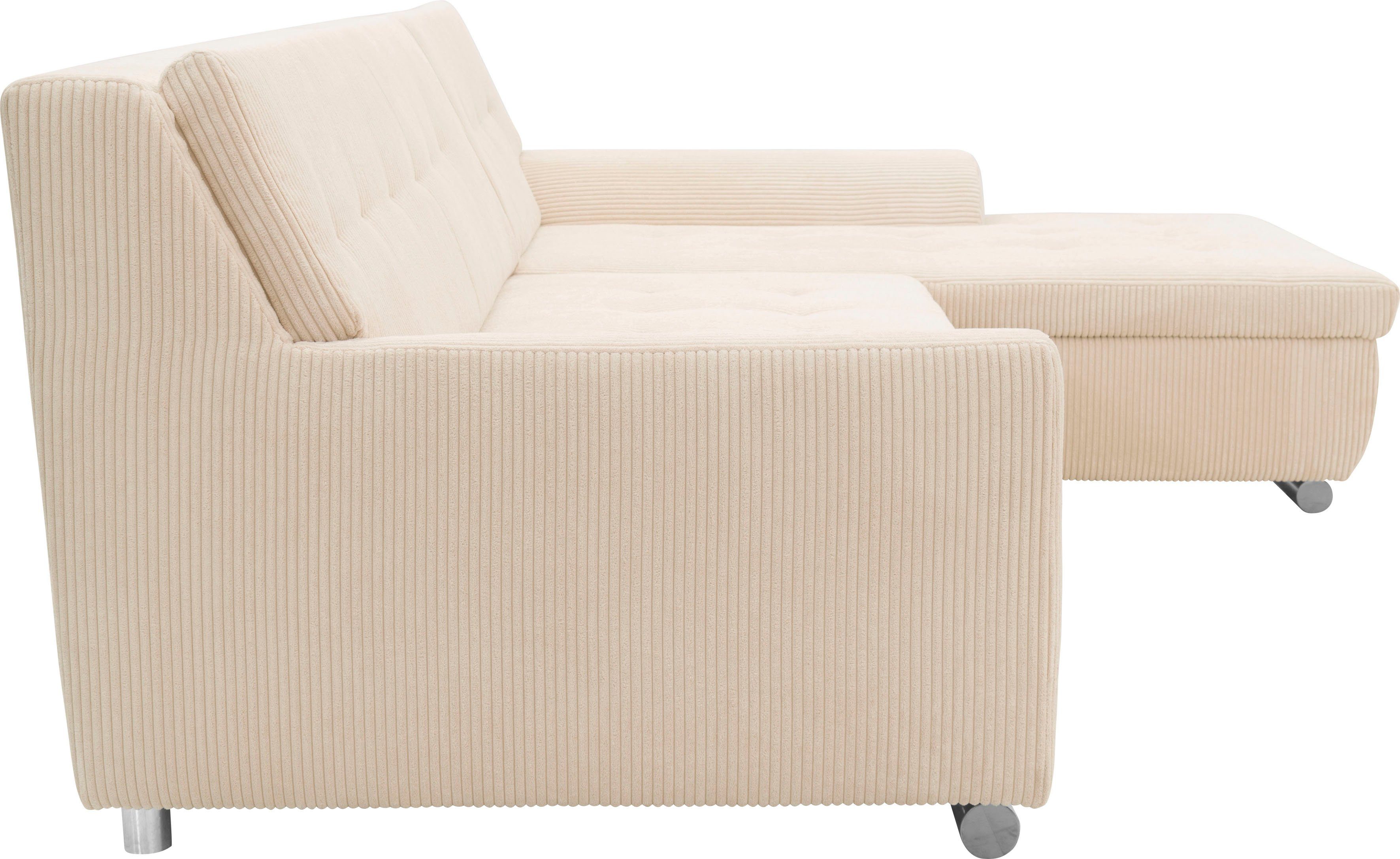DOMO collection Hoekbank Treviso veel bekledingen, ook in cord, L-vorm, B/D/H: 267/80/83 cm optioneel met slaapbank functie, incl. sierkussens, hoogwaardig doorgestikt patroon