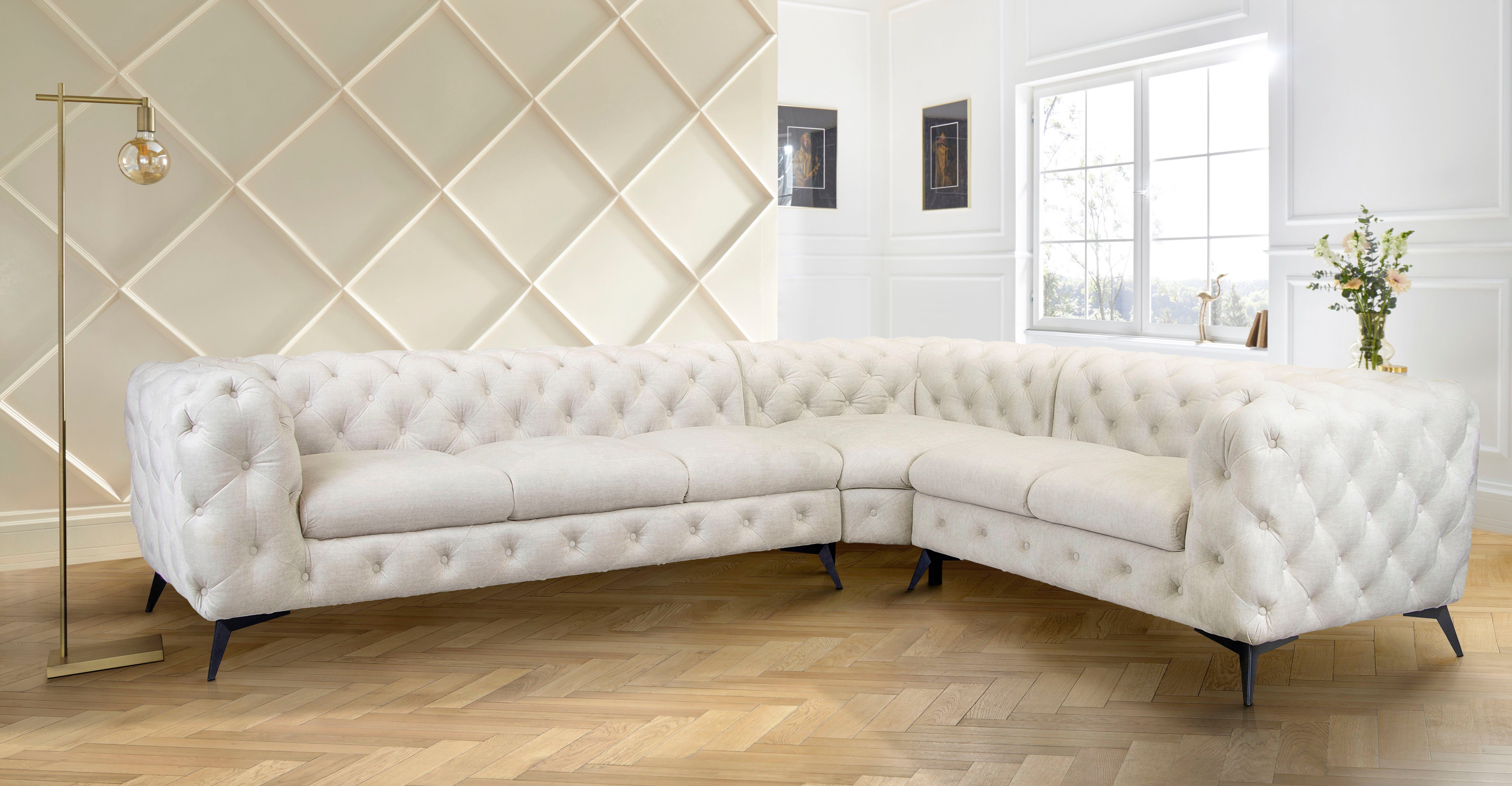 Leonique Chesterfield-bank Glynis L-vorm luxueuze capitonnage, moderne chesterfield look, kleur van de poten ter keuze
