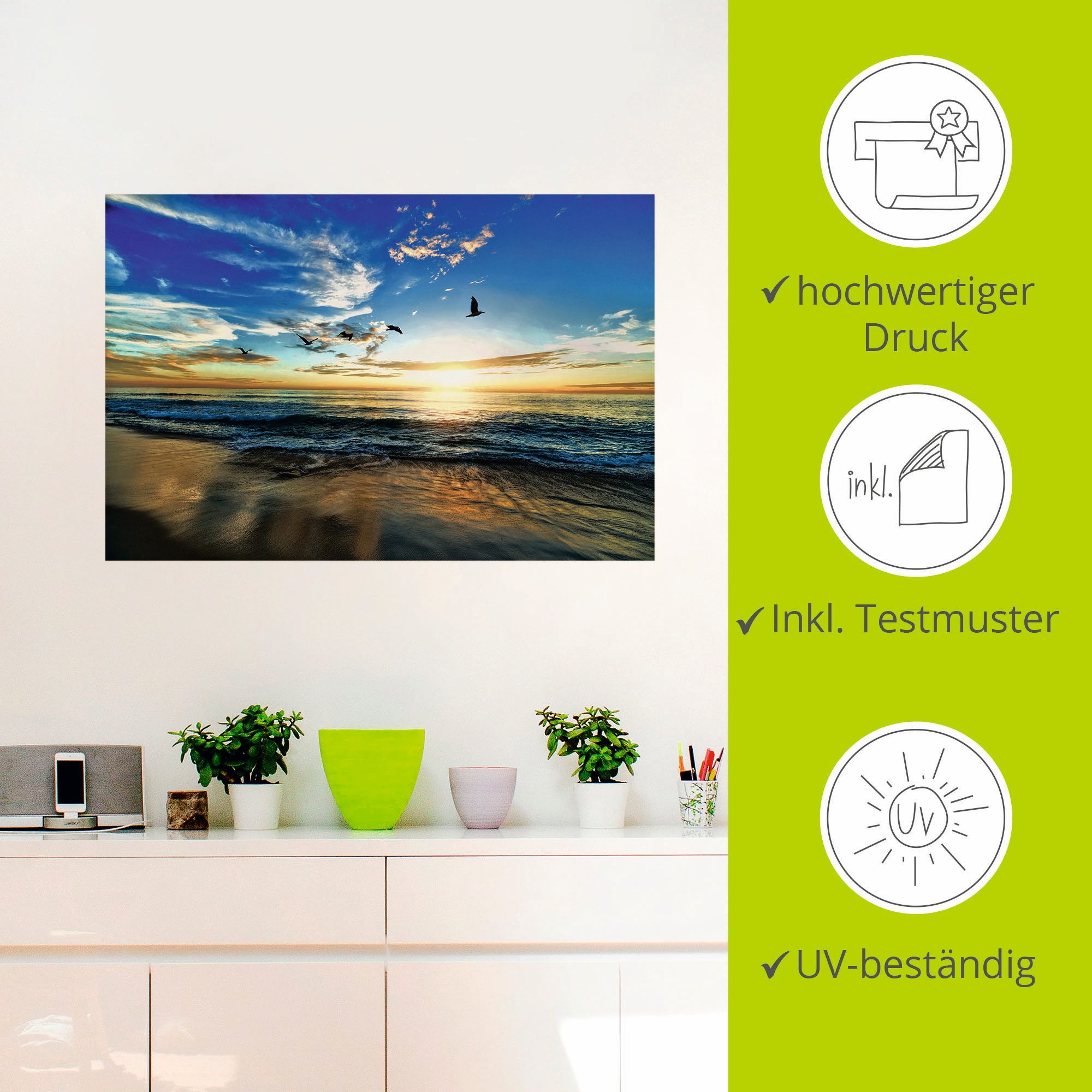 Artland Artprint Strand meeuwen zee zonsondergang als artprint van aluminium, artprint voor buiten, artprint op linnen, poster, muursticker