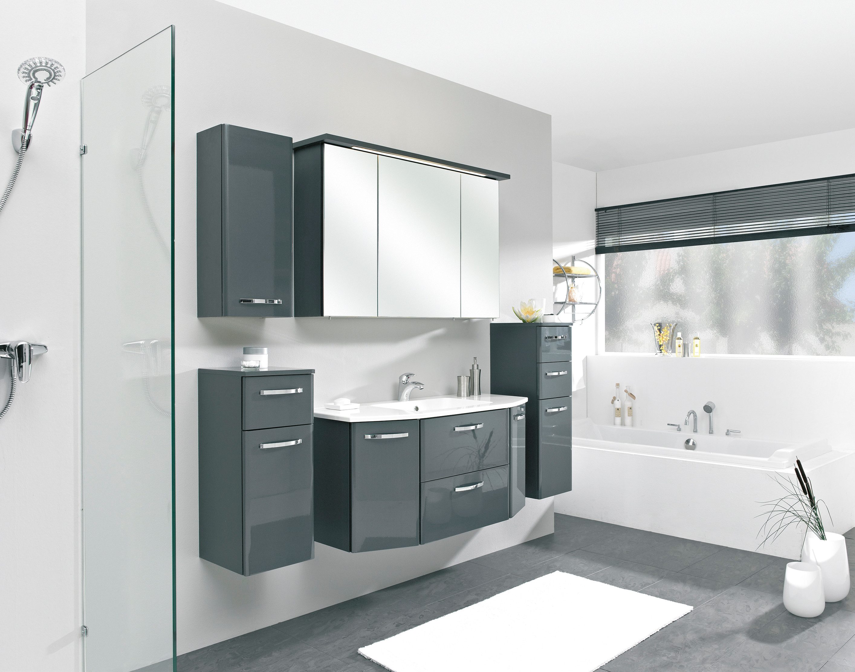 Saphir Badmeubelset Quickset 327 5-delig, wastafelmeubel en led-spiegelkast Antraciet hoogglans, incl. deurdemper, 8 deuren, 1 klep, 4 lades (set, 5