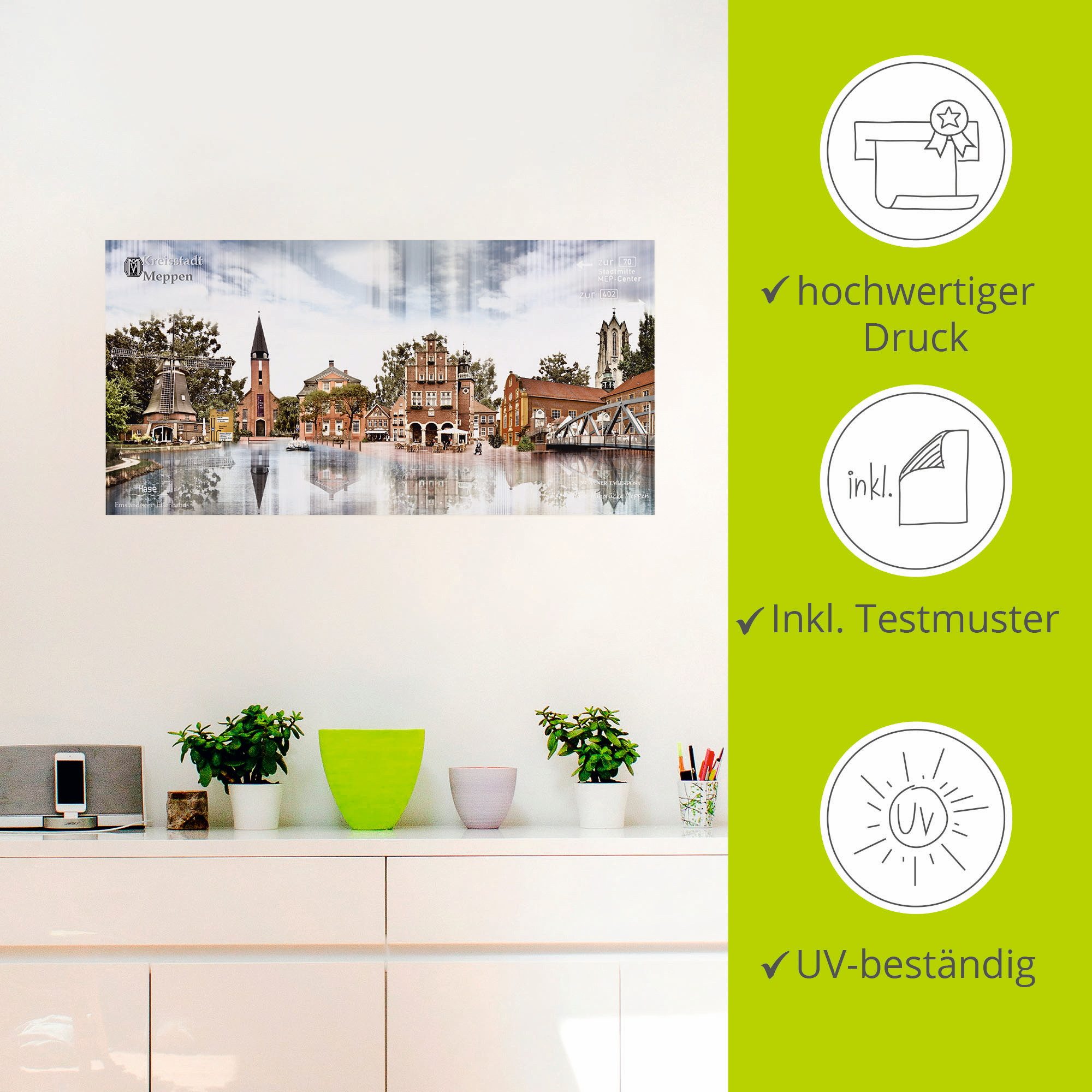 Artland Artprint Meppen skyline abstracte collage als artprint op linnen, muursticker in verschillende maten