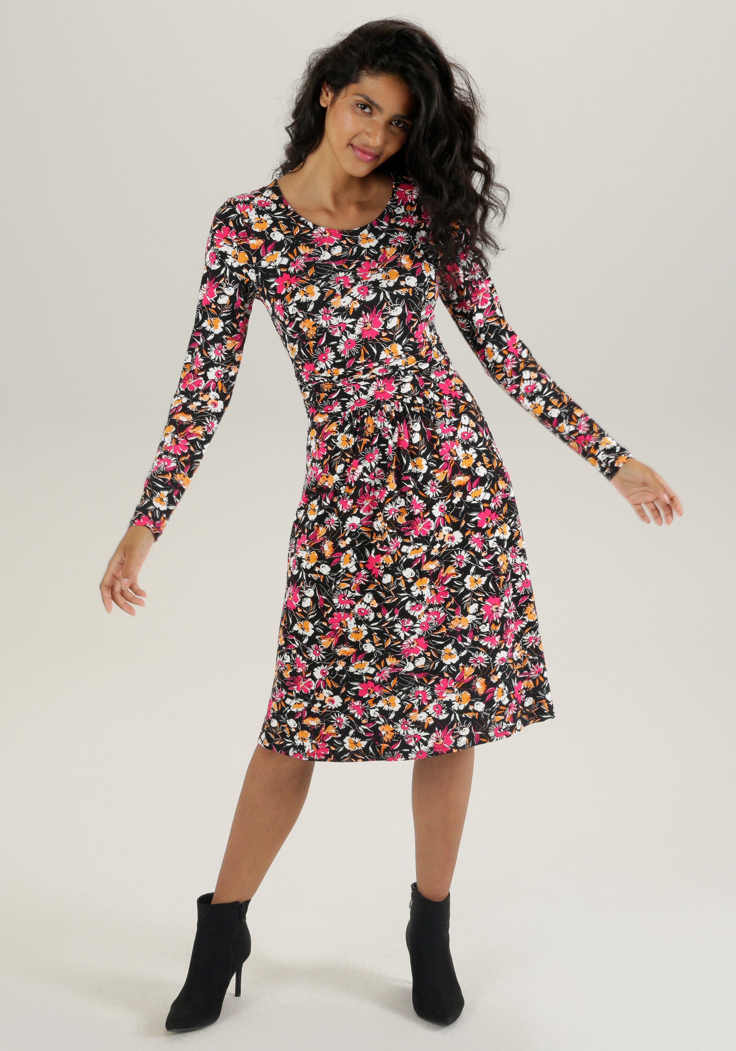 Aniston SELECTED Jerseyjurk met bloemige print en gerimpelde tailleband