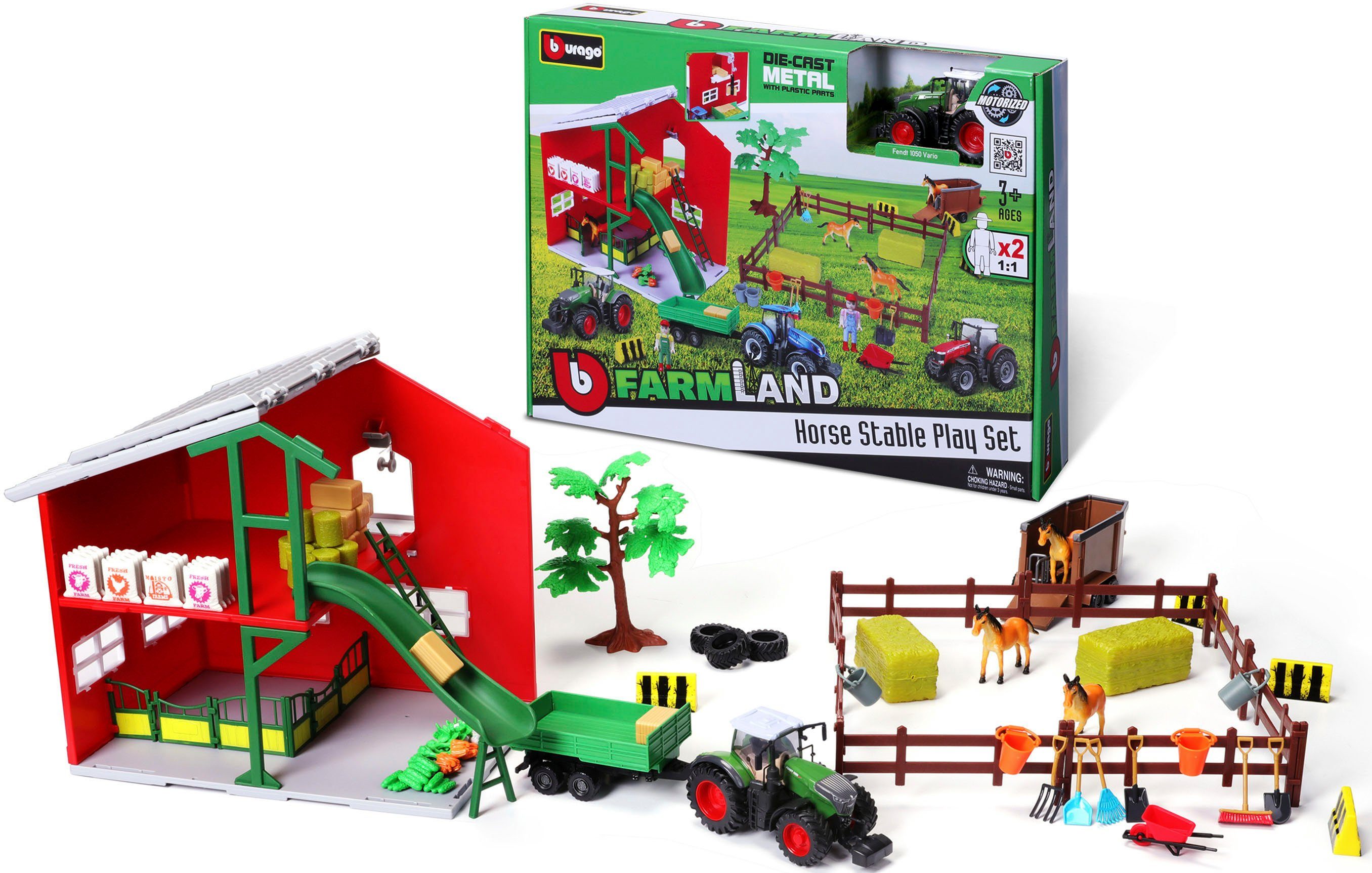 Bburago Speelwereld Farmland, Paardenstal inclusief fendt tractor