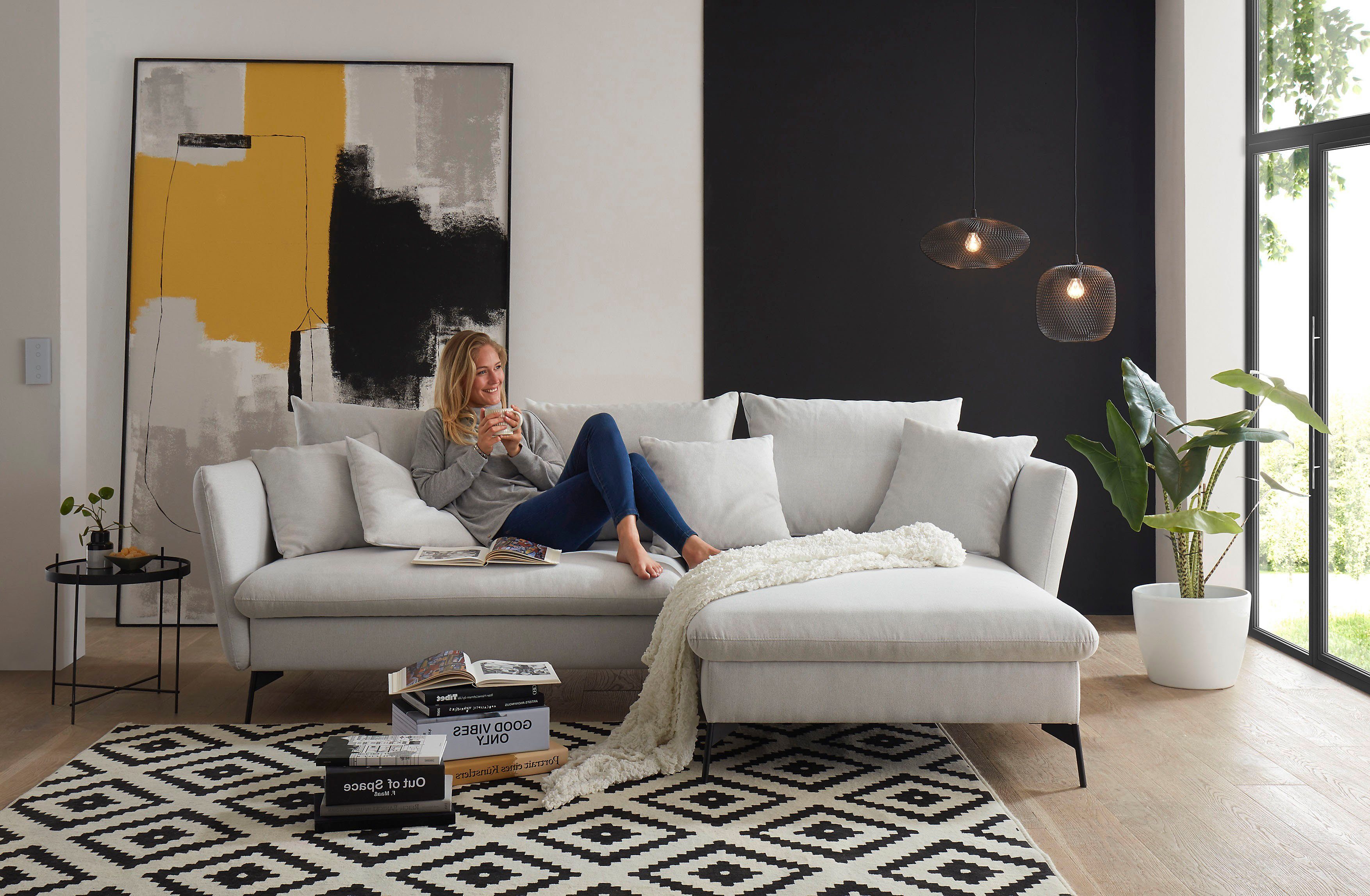 andas Hoekbank LIVORNO,258 cm, L-model, Slaapfunctie en bedlade (139/224 cm), fluweel, structuur, geweven stof