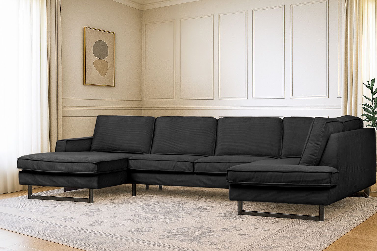 Places of Style Zithoek Pinto, 350 cm, U-vorm, XXL, met ottomanen Cord, chenille, leerlook, met bies, metalen voeten, golfondersteuning