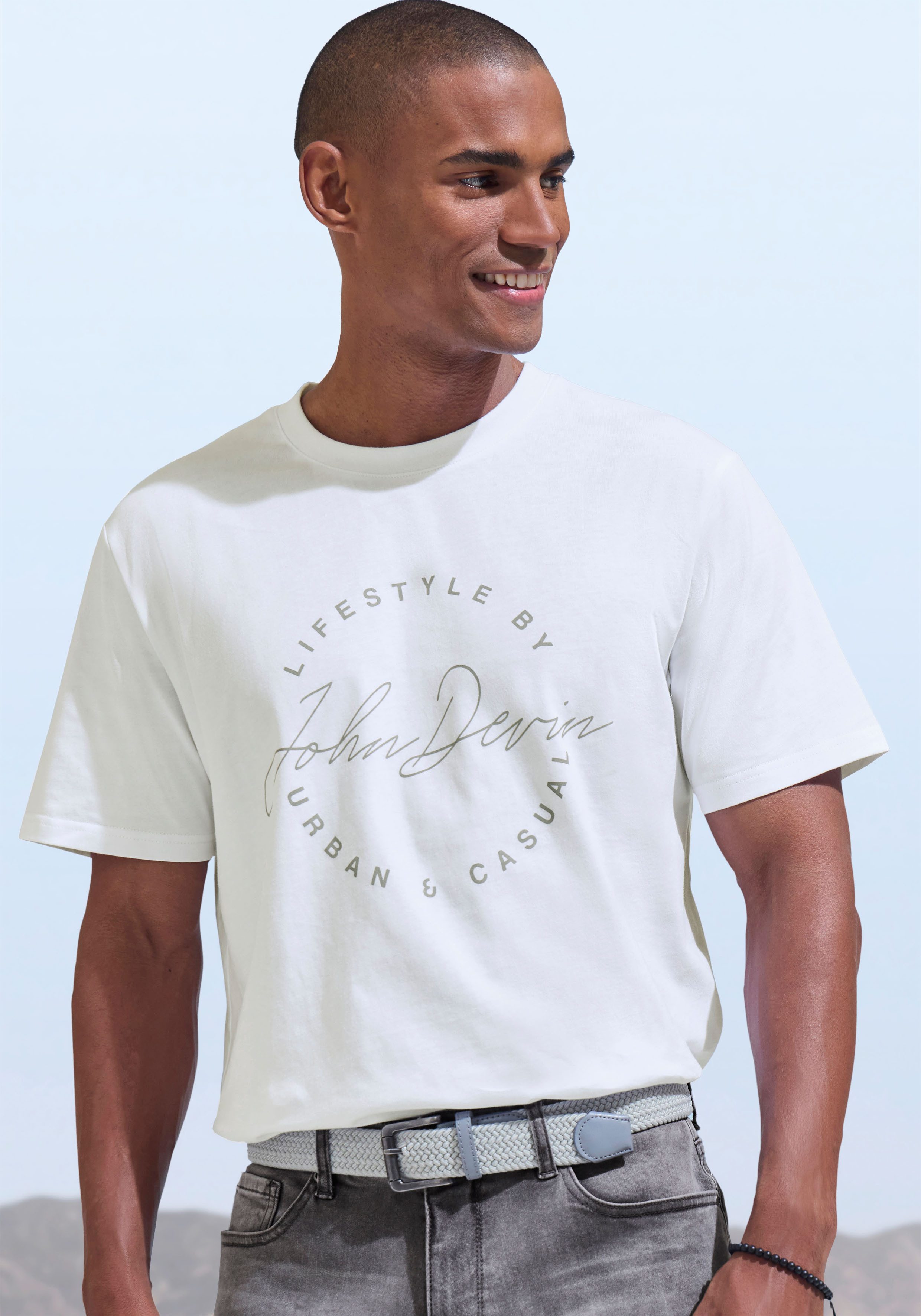 John Devin T-shirt Rondhalsshirt met print van 100% katoen heren t-shirts maat S (44/46) wit