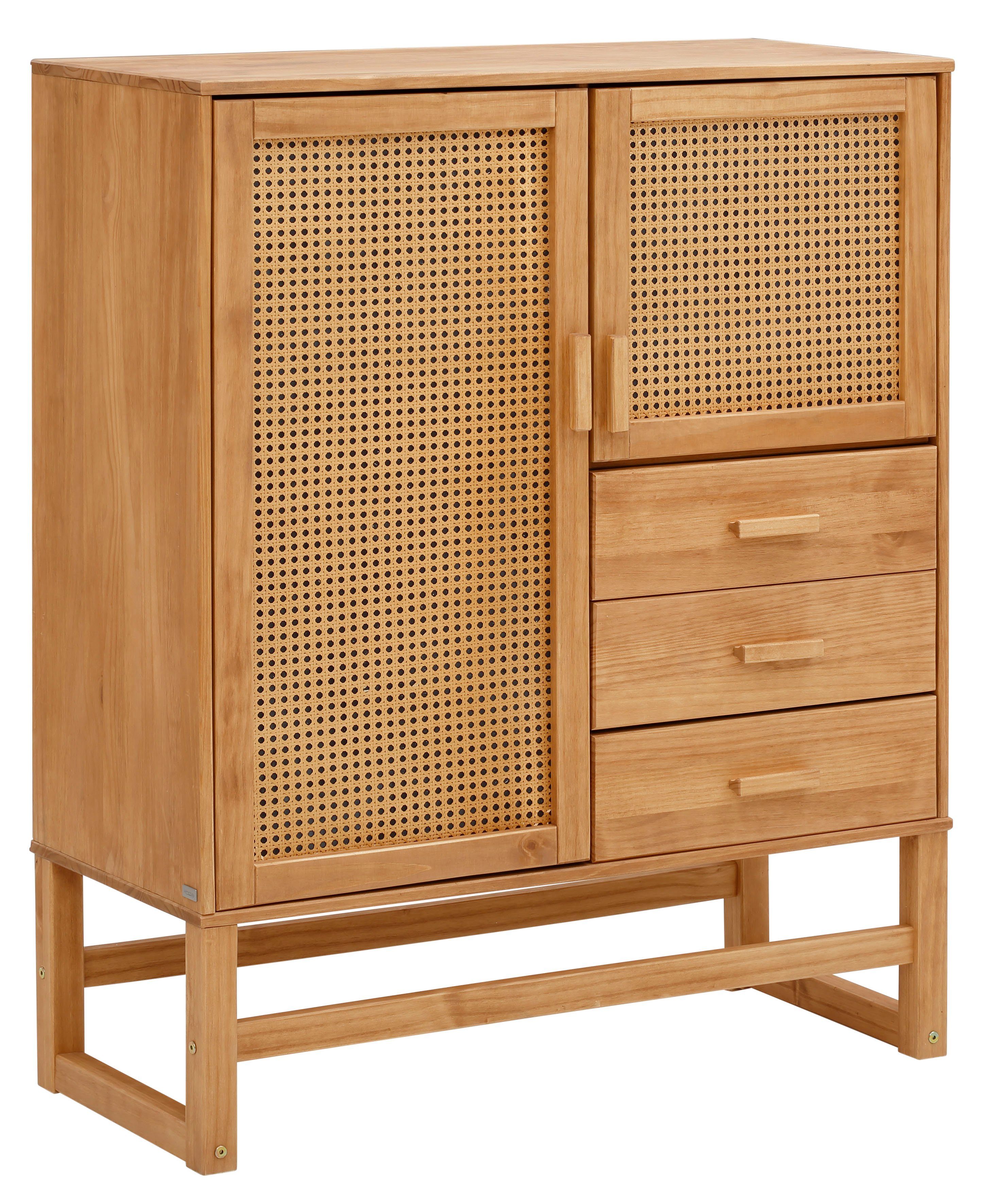 Home affaire Highboard Jolene met rotan-vlechtwerk op de deurfronten, van massief hout, in twee vers