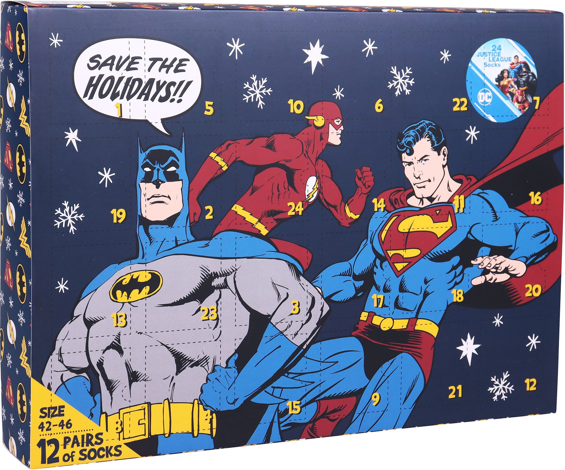 Capelli New York Adventskalender Kalender met 24 deuren, 12 paar sokken van Superman, Matman, Marvel