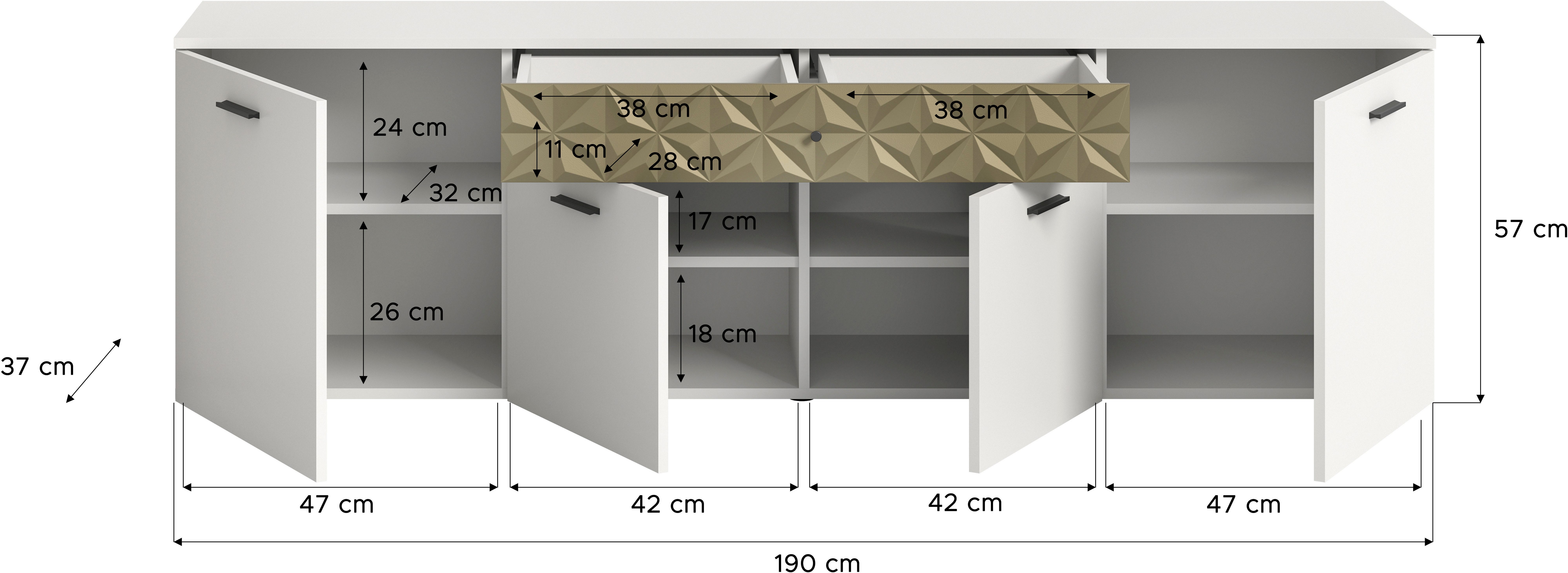 INOSIGN Tv-meubel Vicenza, breedte 190cm, ornamentafwerking, 4 deuren, 1 lade 8 vakken, metalen grepen, tv-kast, televisiekast, mediaboard