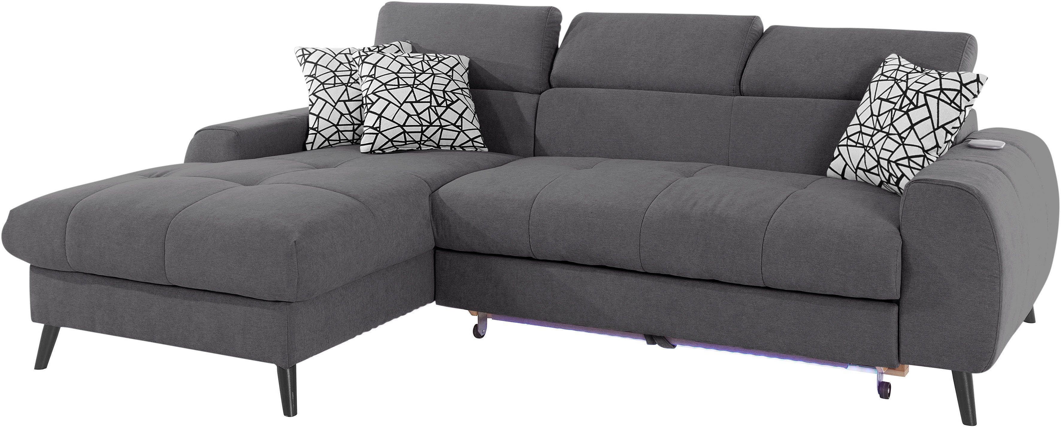 COTTA Hoekbank Mia L-vorm met 3 sierkussens keuze met bedfunctie, bedlade, verlichting & draadloze oplader