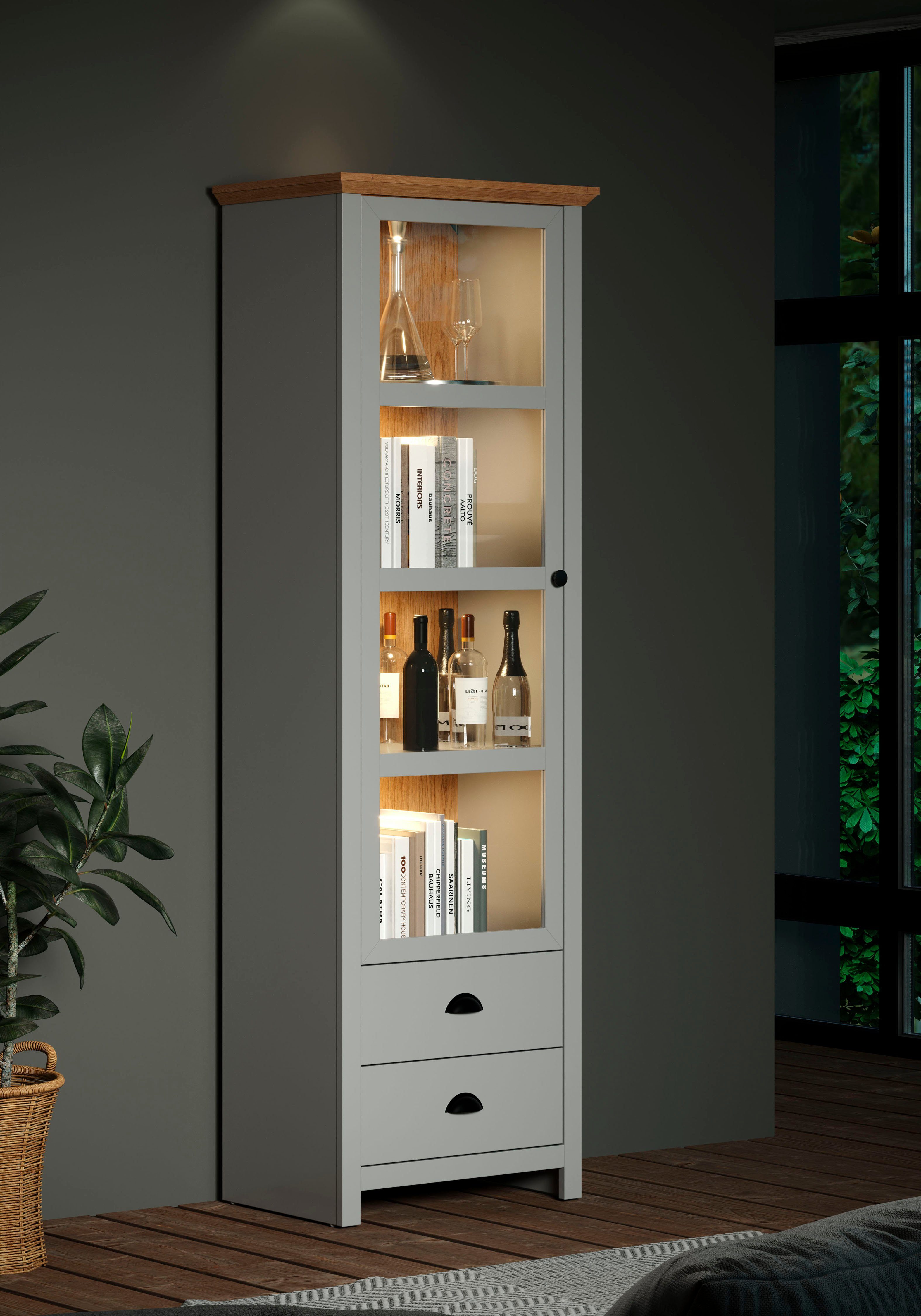 Home affaire Vitrinekast Herzwill lichtgrijs / artisan eiken, mat, 65 x 201 cm, met glasdeur