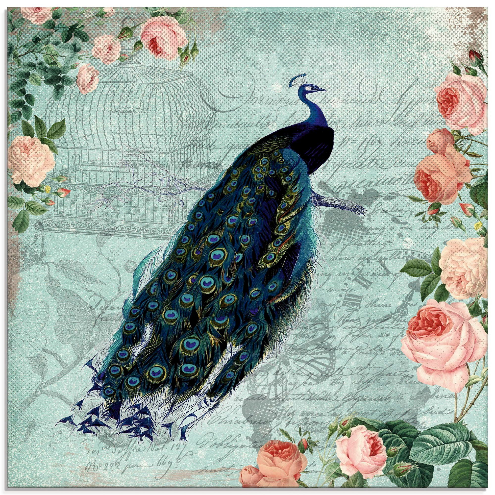 Artland Print op glas Vintage rozen en pauw illustratie