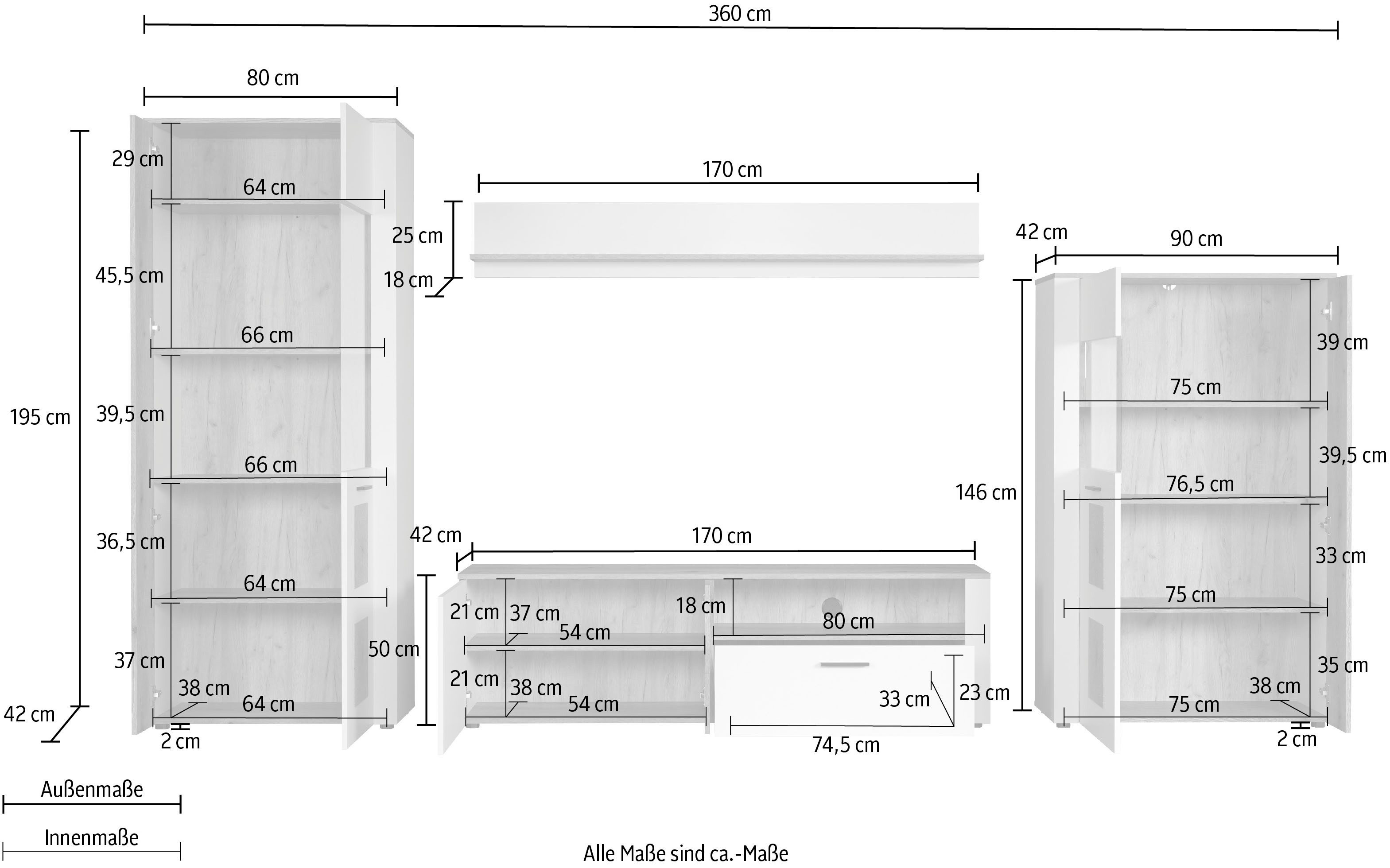 INOSIGN Wandmeubel Linz Woonkamermeubilair met eindhouttoepassingen - 360/42/195 cm (4-delig)