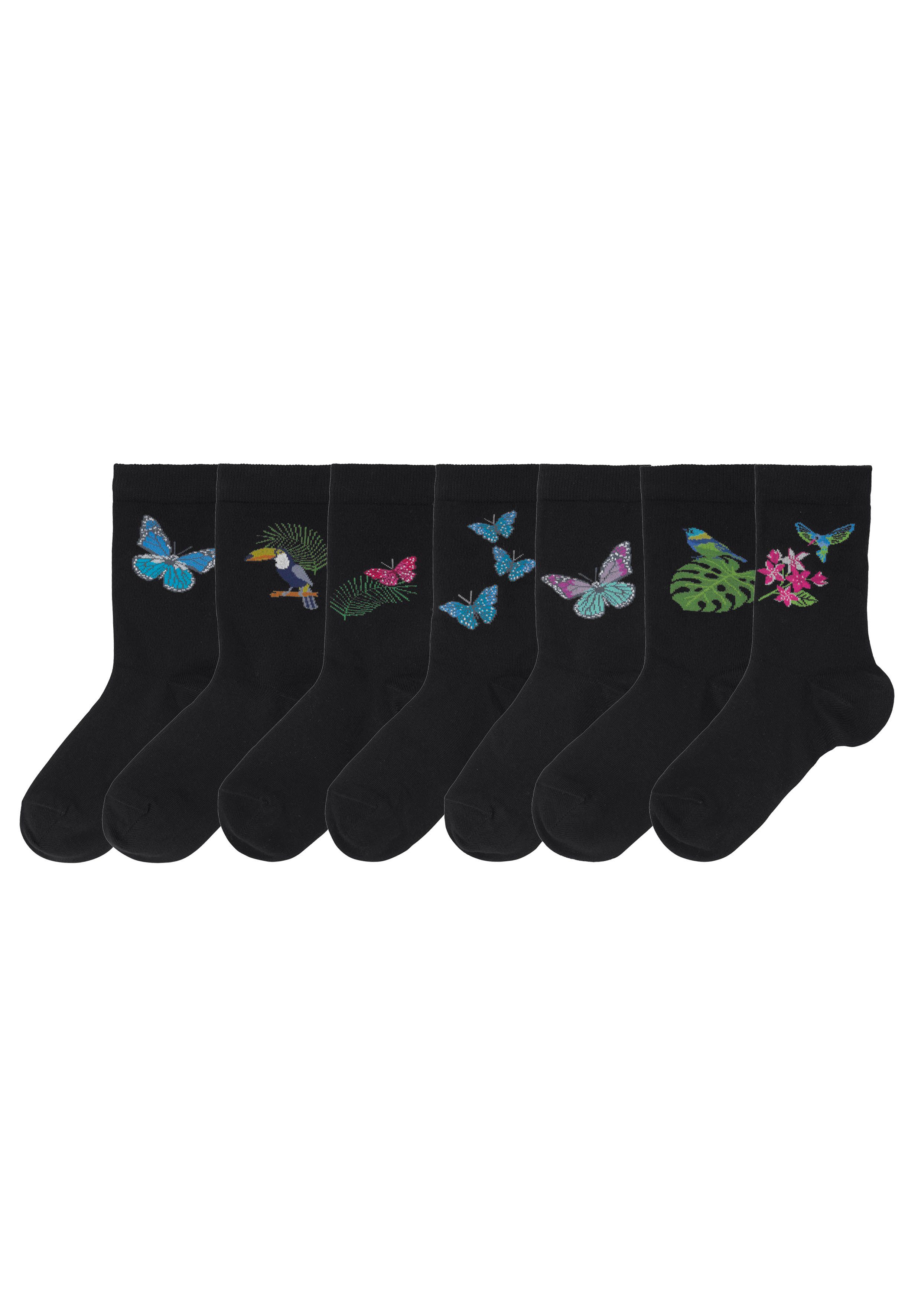 H.I.S Sokken met vlinder- en vogelmotieven (set, 7 paar)