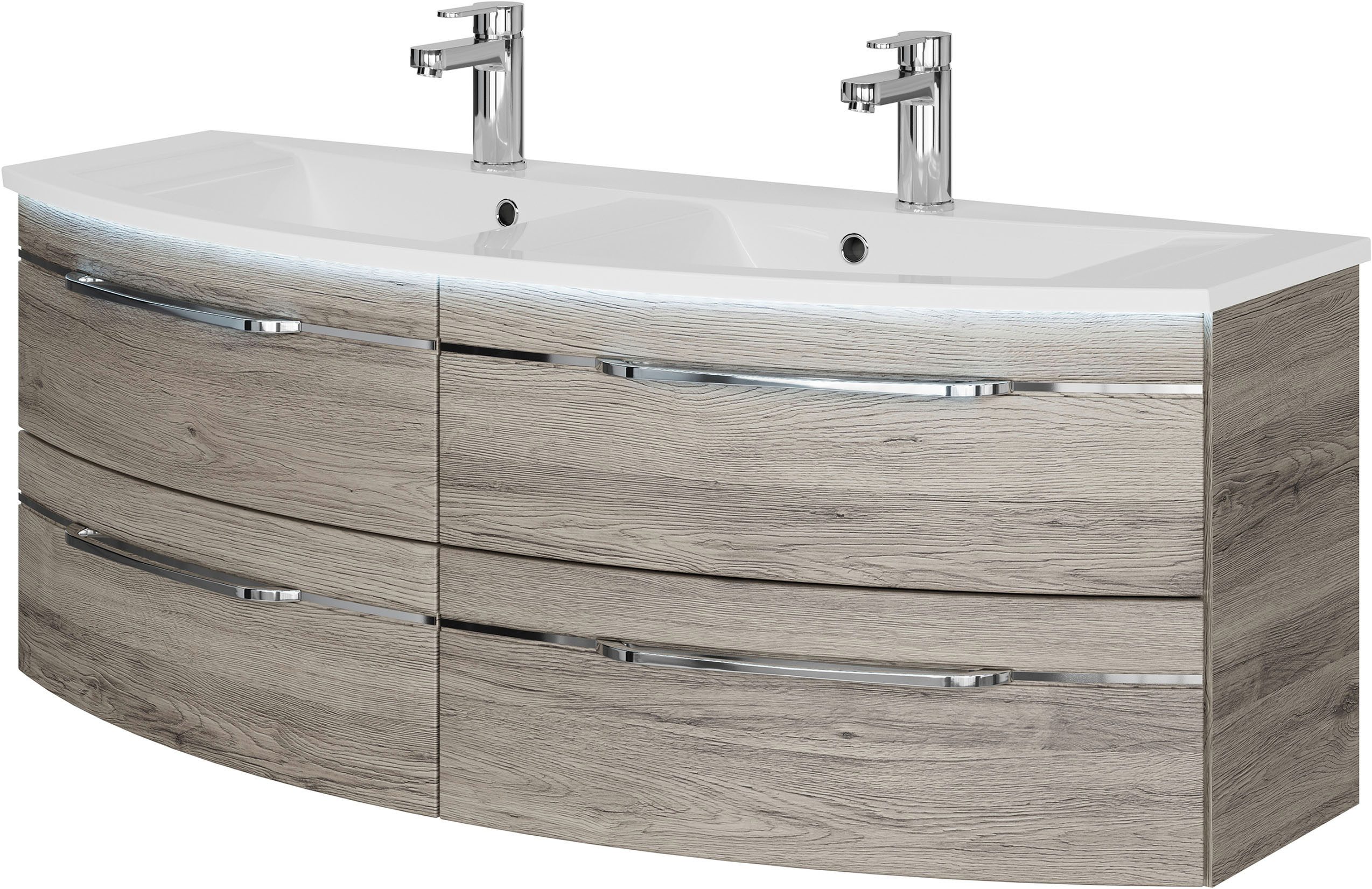 Saphir Wastafelonderkast Serie 7045 Mineralmarmor-Waschtisch und Unterschrank, 131 cm breit