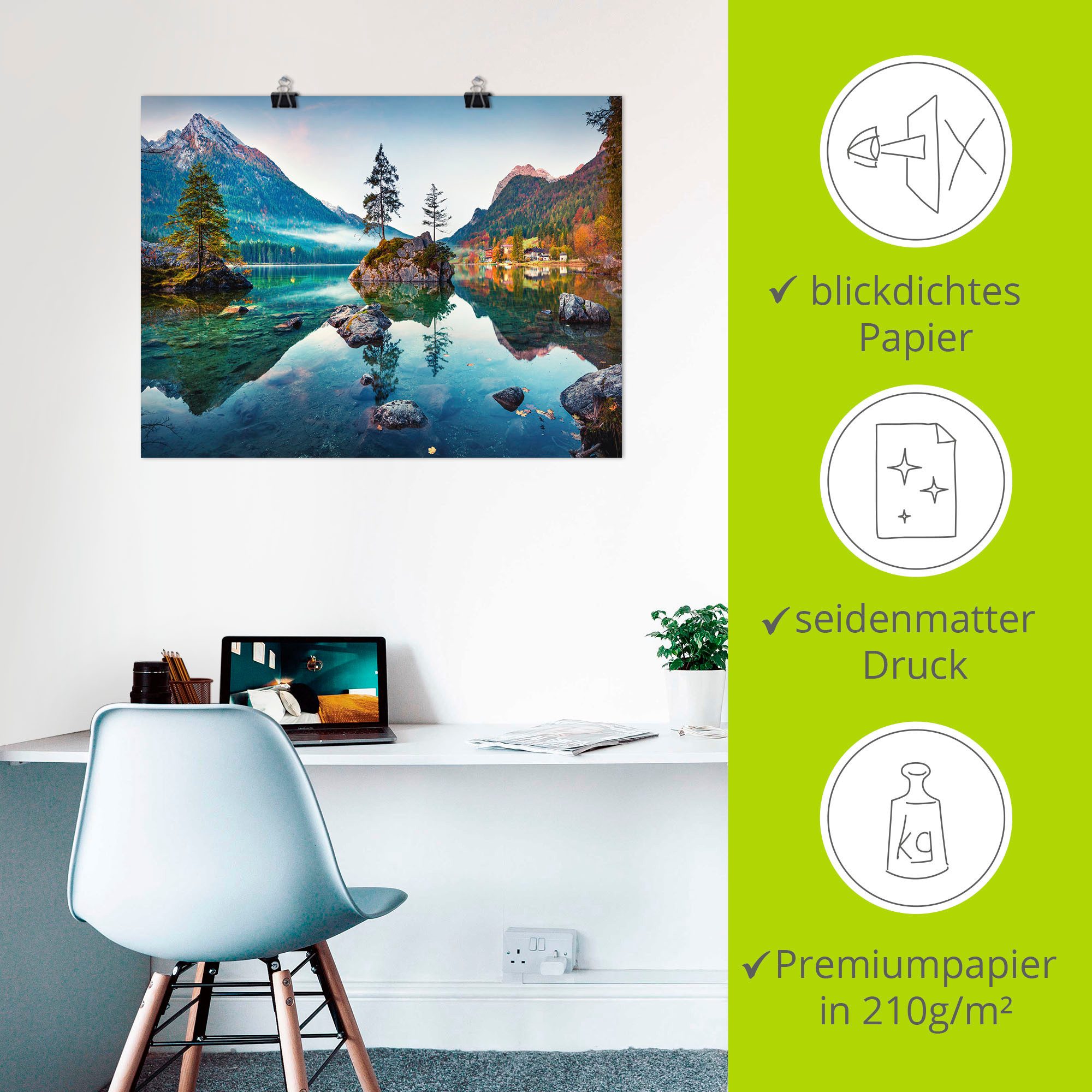 Artland Artprint Herfstscène van de Hintersee voor de Alpen als artprint van aluminium, artprint voor buiten, artprint op linnen, poster, muursticker