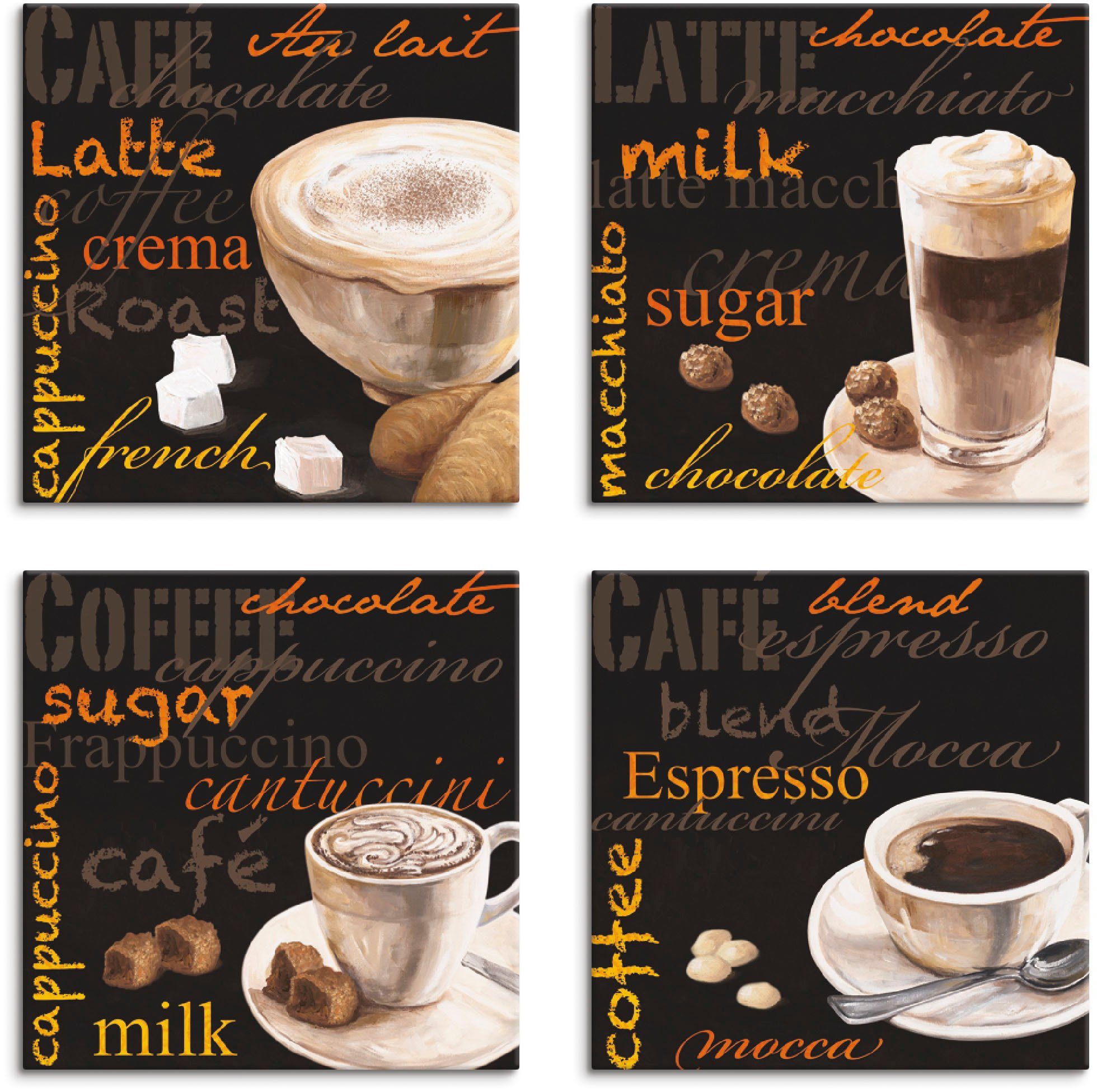 Artland Artprint op linnen Cappuccino macchiato coffee espresso (4 stuks)