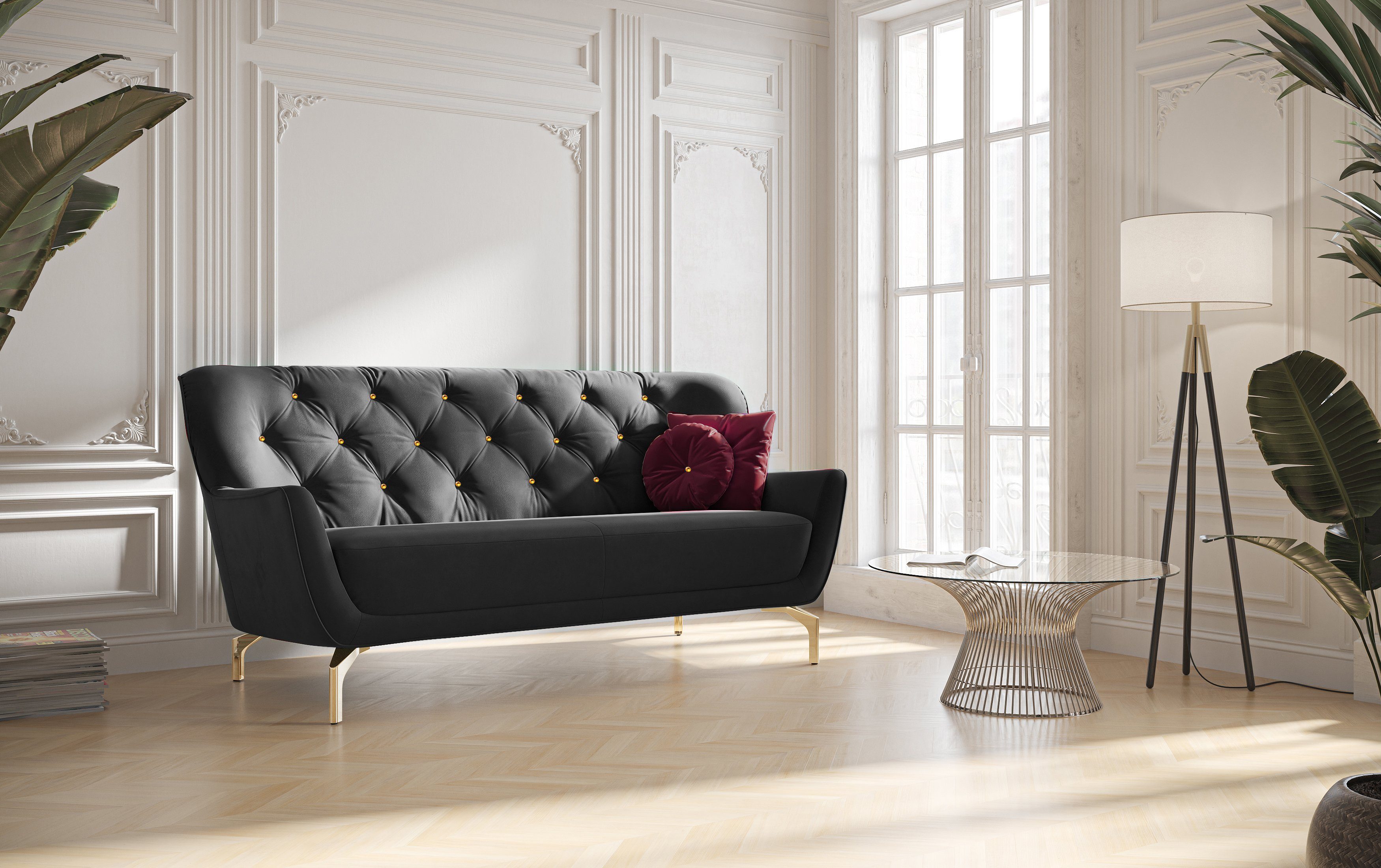 sit&more 3-zitsbank Orient 3 incl. 2 sierkussens met strassteentjes, goudkleurige metalen poten