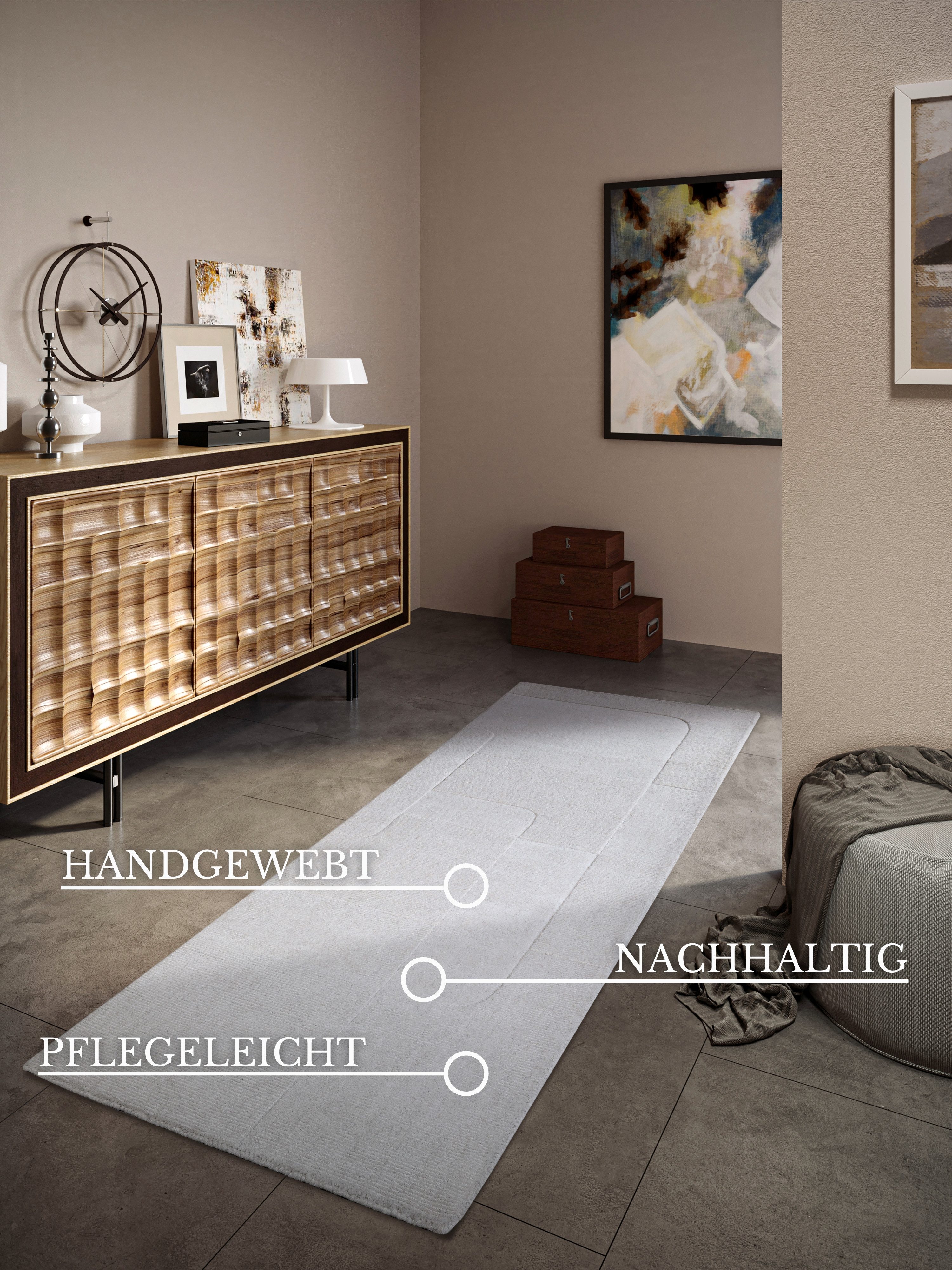 Villeroy & Boch Wollen kleed Charlotte Loper, handgeweven, wol, natuur, loper, woonkamer, geometrie