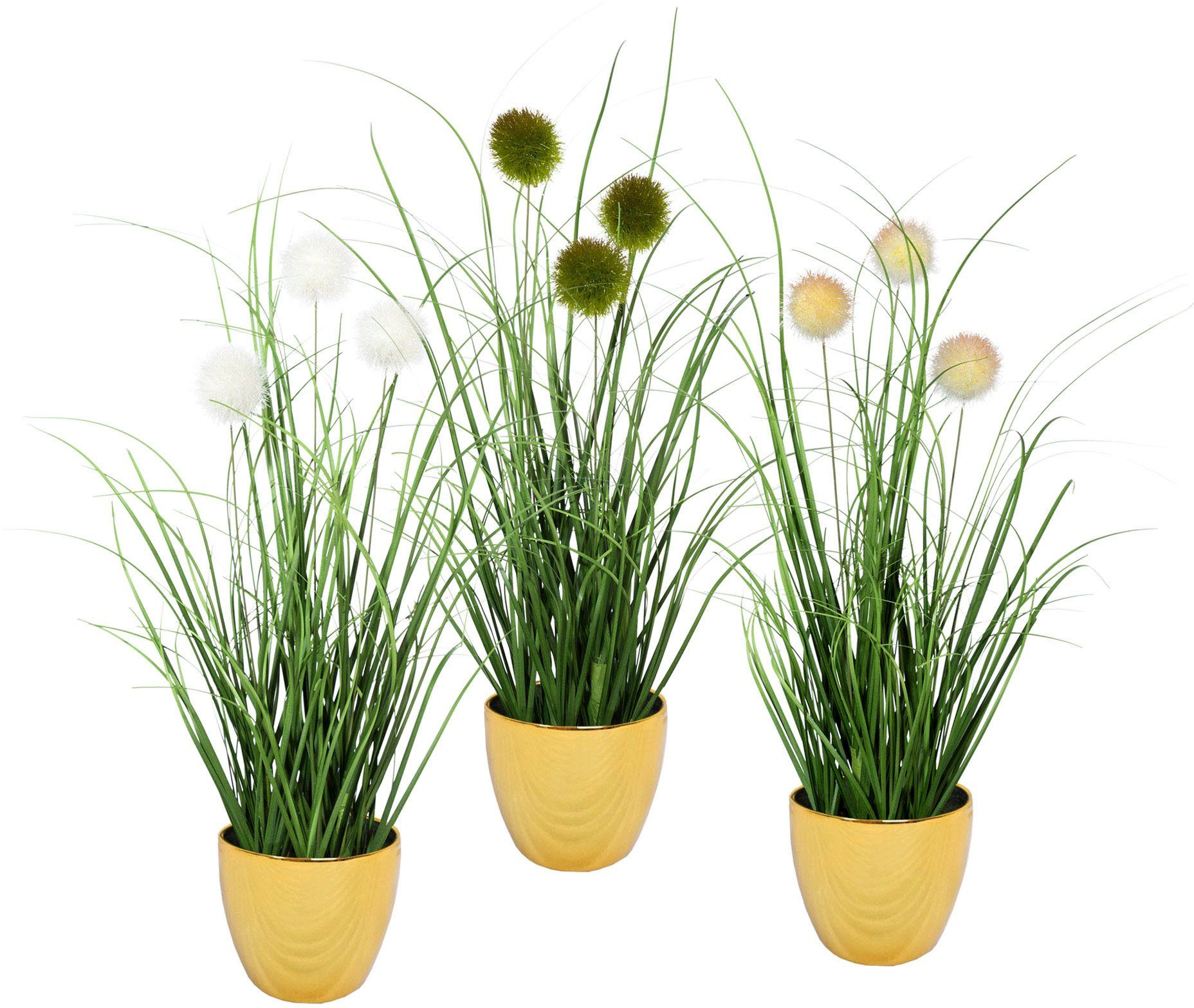 Leonique Kunstgras Grasbundel met bollen Kunstplant, gras, in een pot, set van 3 (set, 3 stuks)
