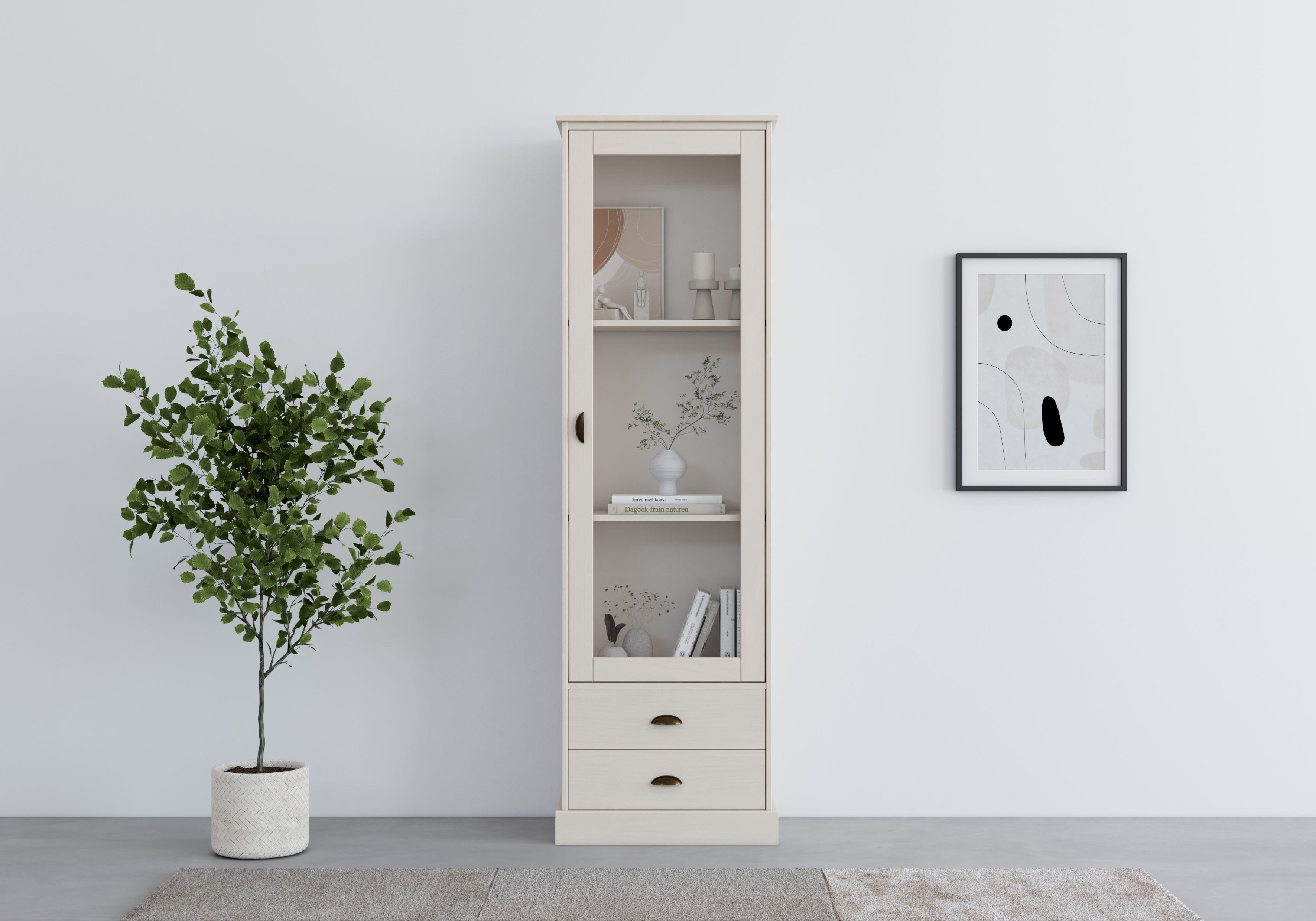 Home affaire Vitrinekast Schröder met 1 schuifdeur, 2 lades, van massief grenenhout, breedte 55cm vitrinekasten wit