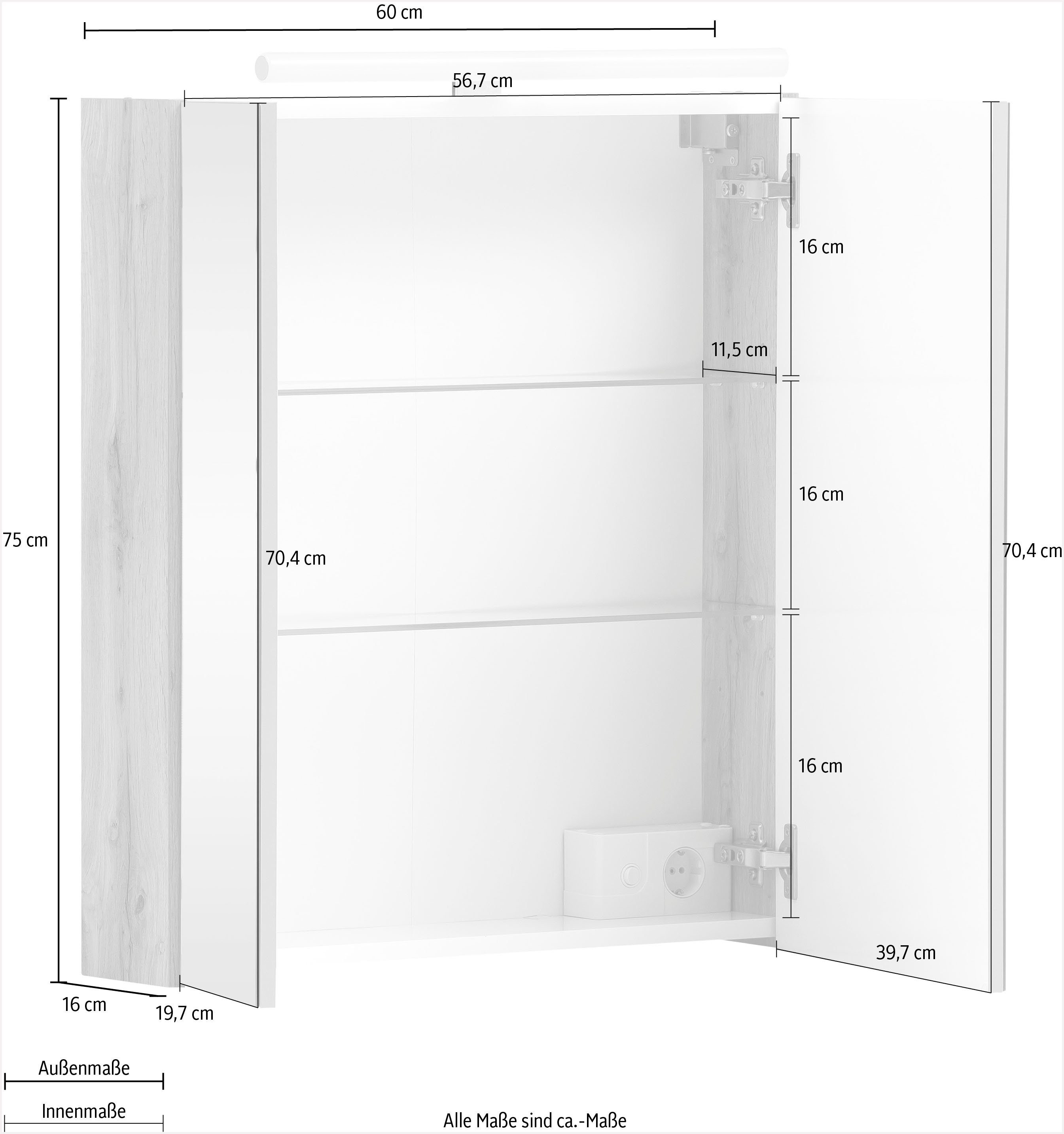 Schildmeyer Spiegelkast Duo Breedte 60 cm, 2-deurs, ledverlichting, schakelaar-/stekkerdoos