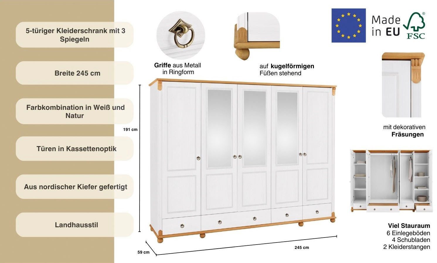 Home affaire Kledingkast TESSIN Breedte 245 cm, massief grenen, met spiegel