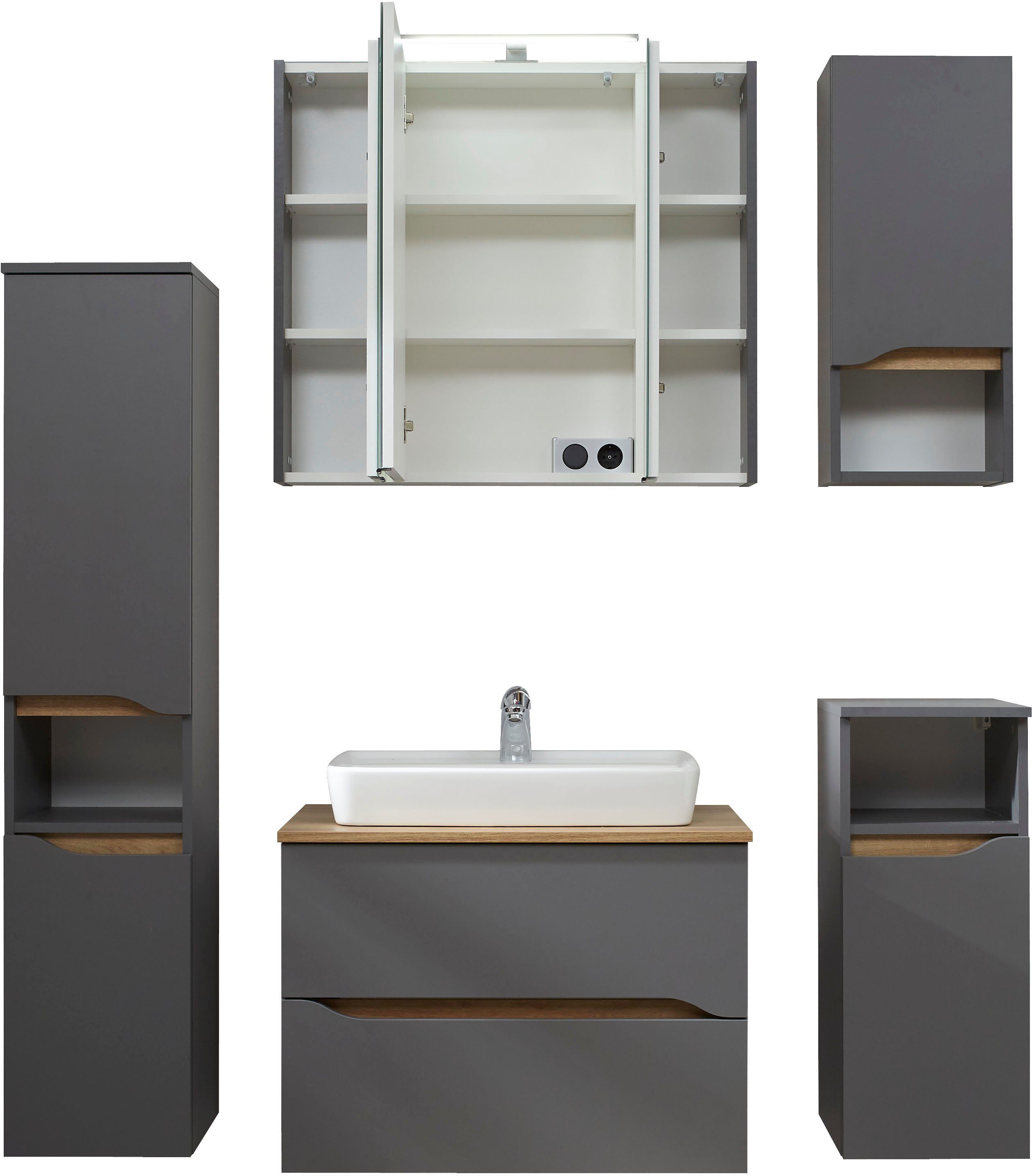 Saphir Badkamerserie Quickset 5-delig, keramische opzetwastafel en LED-spiegelkast Halfhoge kast, onderkast, hangend kastje, inclusief deurdemper, 7 deuren (7-delig)
