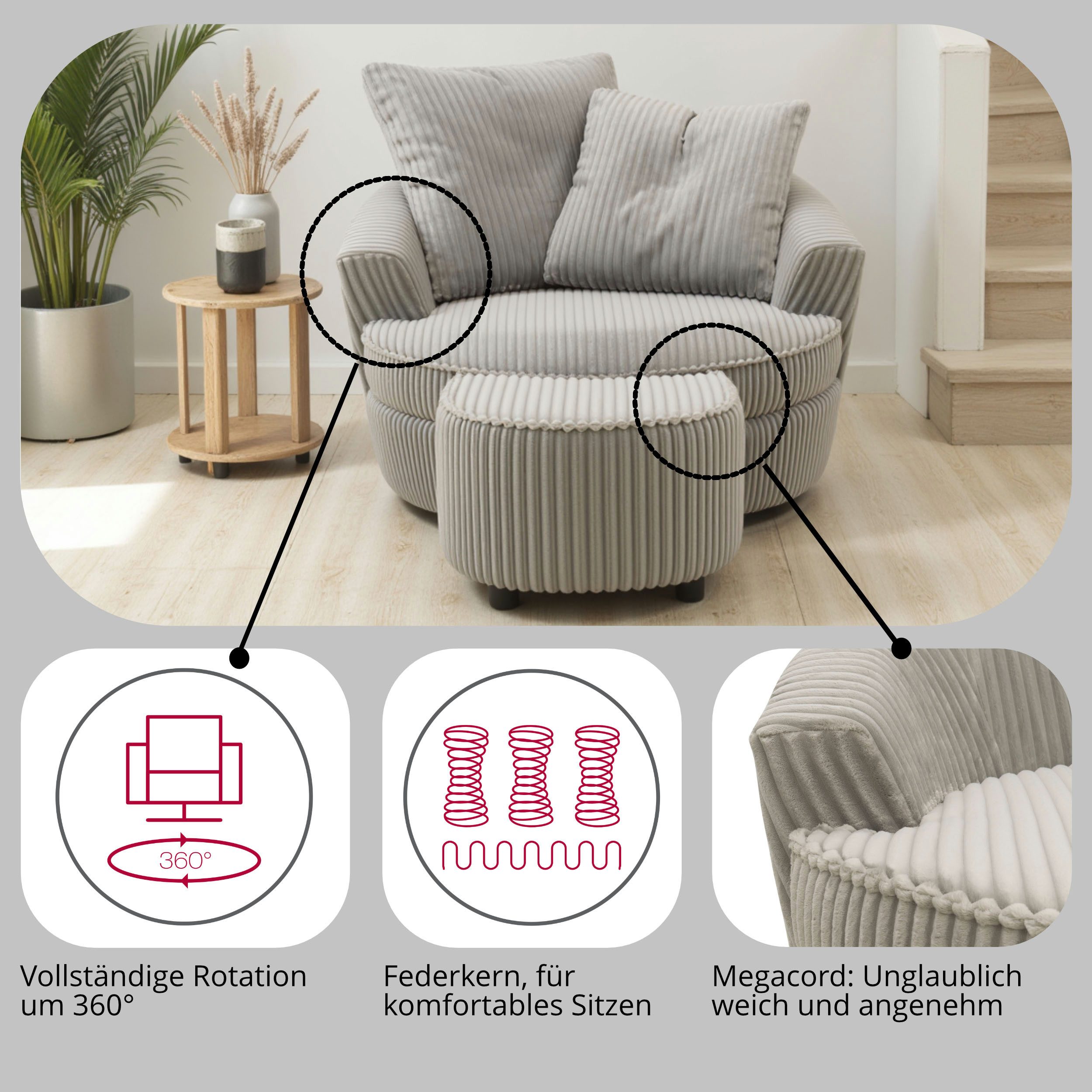INOSIGN Draaibare fauteuil AMECA, loveseat XXL, leesstoel, grote stoel 122 x 126 x 76 cm (1 stuk)