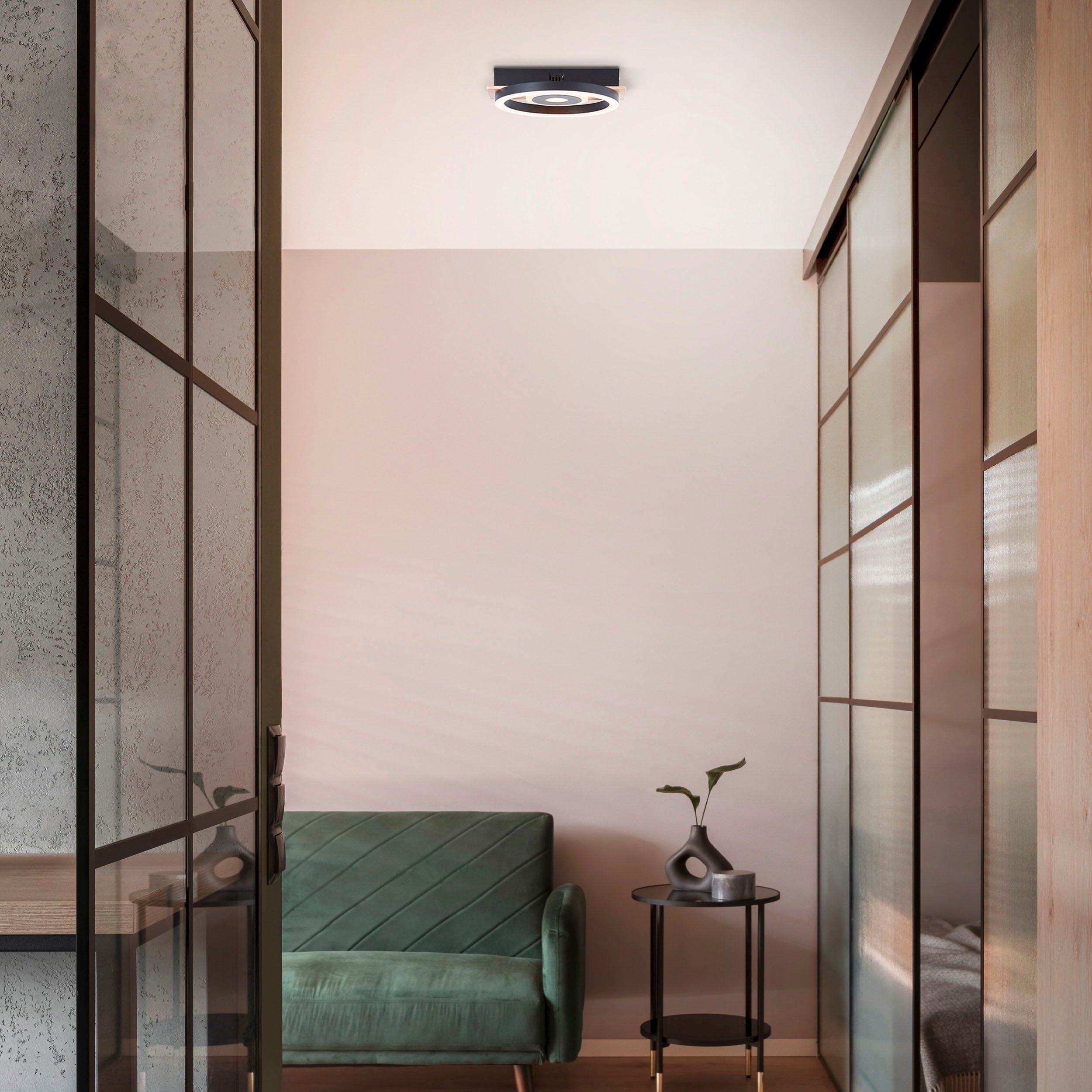 my home Led-plafondlamp Lysann plafondlamp 22 x 20 cm, 12 w, 1100 lm, 3000 k, hout/metaal, bruin/zwart (1 stuk)