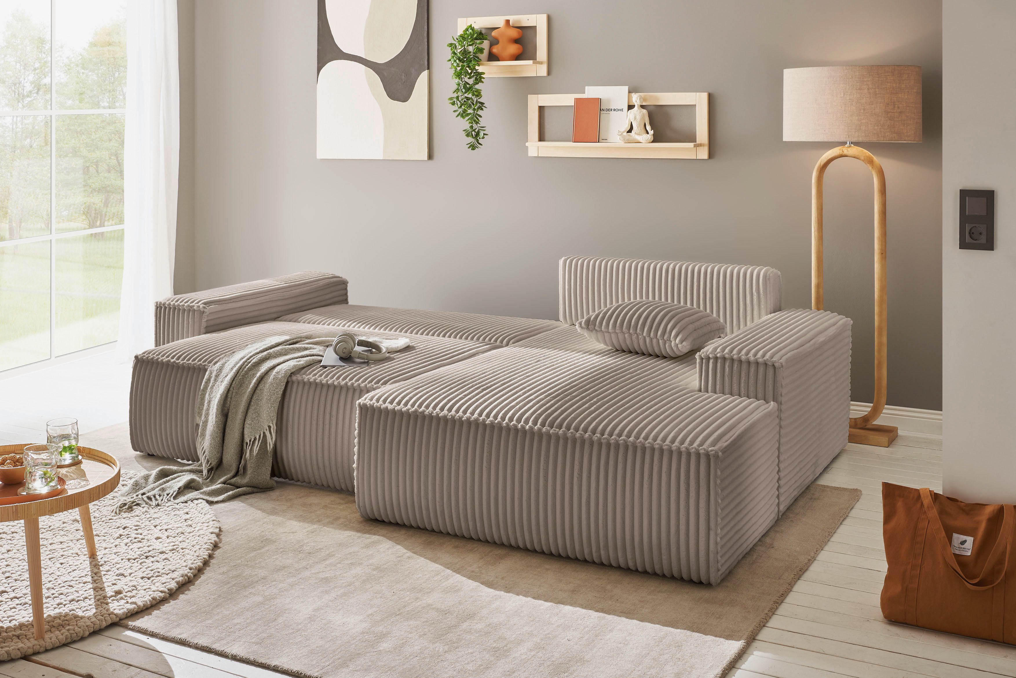 andas Hoekbank Finnley slaapbank 267 cm in Bouclé, fijne structuur en cord, L-vorm