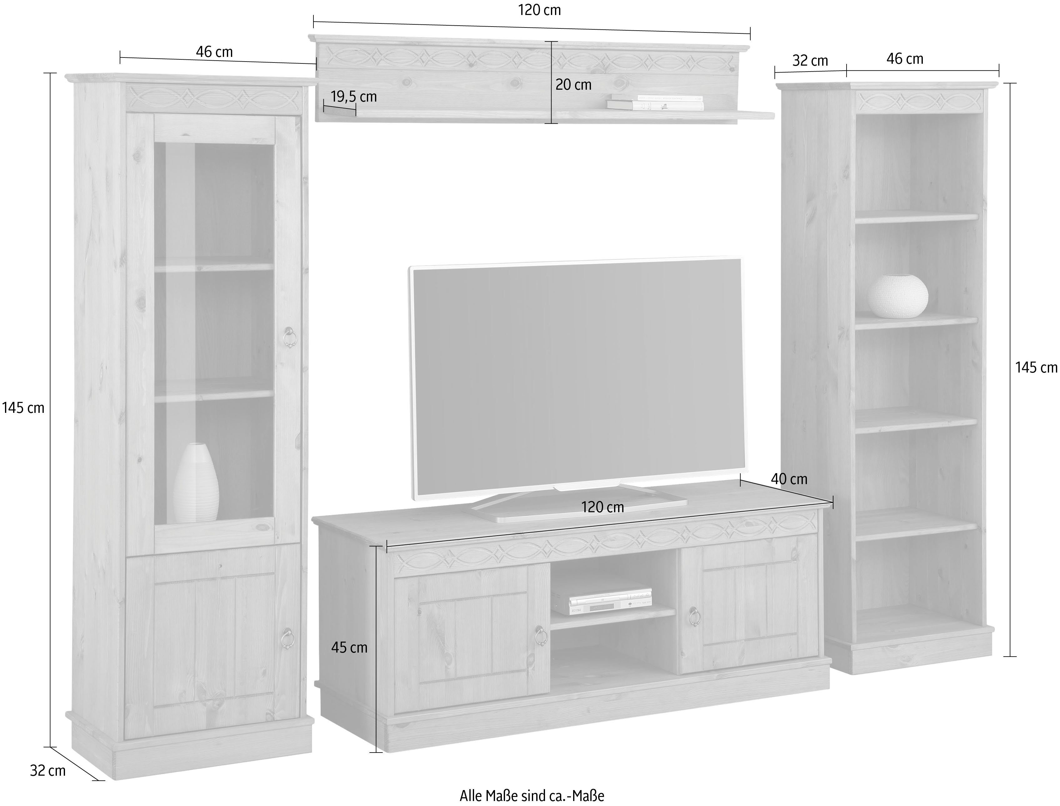 Home affaire Wandmeubel Indra 4-delig set: vitrinekast, lowboard, wand- & staande plank, massief dennenhout (set, 4-delig)