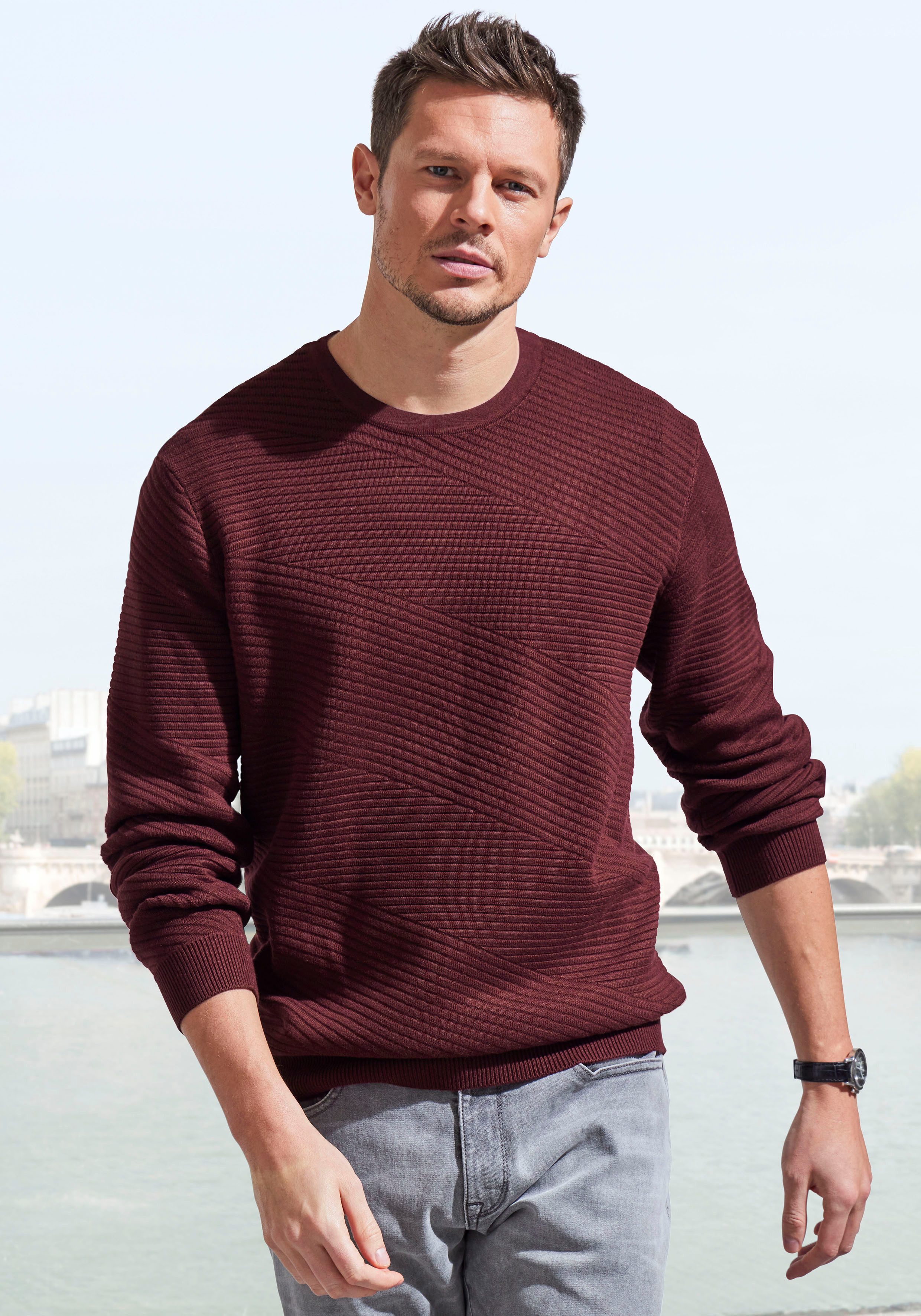 John Devin Gebreide trui Pullover van zachte structuurbreiwerk heren pullovers maat M (48/50) rood