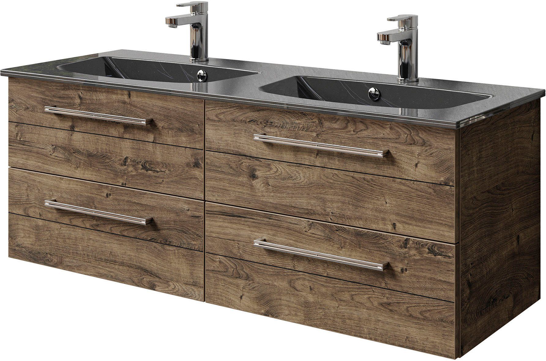 Saphir Wastafelonderkast Serie 6025 mineraalmarmeren wastafel met onderkast, 132 cm breed Dubbele wastafel met 4 lades, hangend, verschillende