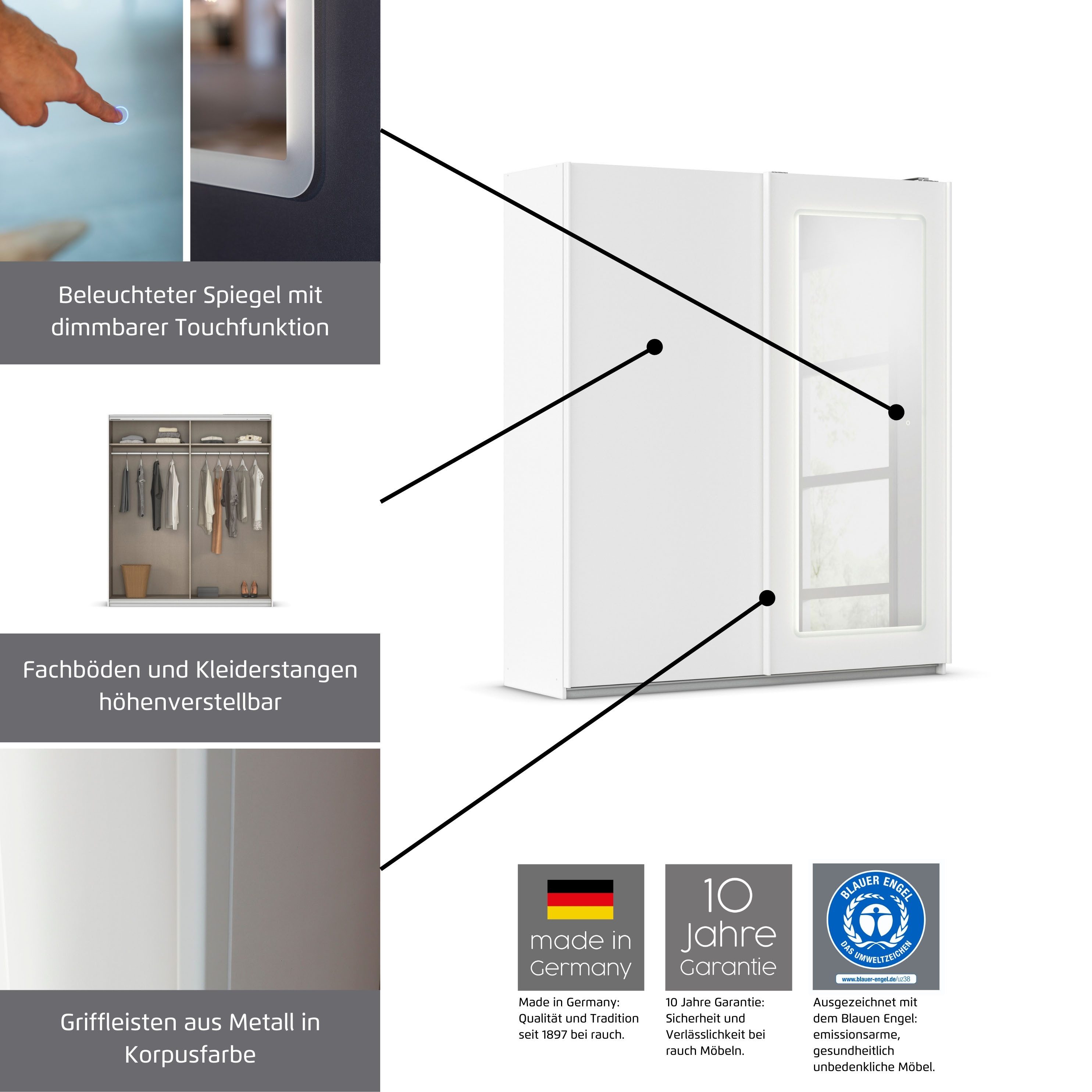 rauch Schuifdeurkast Kledingkast Kast Garderobe Wasmand ABRAXXAS met spiegel en geïntegreerde dimbare led-verlichting made in germany