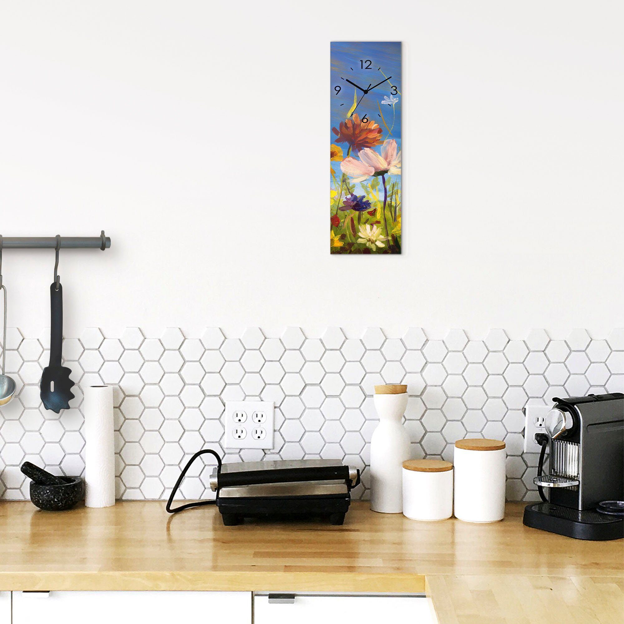 Artland Wandklok Glazen klok weide met wilde bloemen optioneel verkrijgbaar met kwarts- of radiografisch uurwerk, geruisloos zonder tikkend geluid