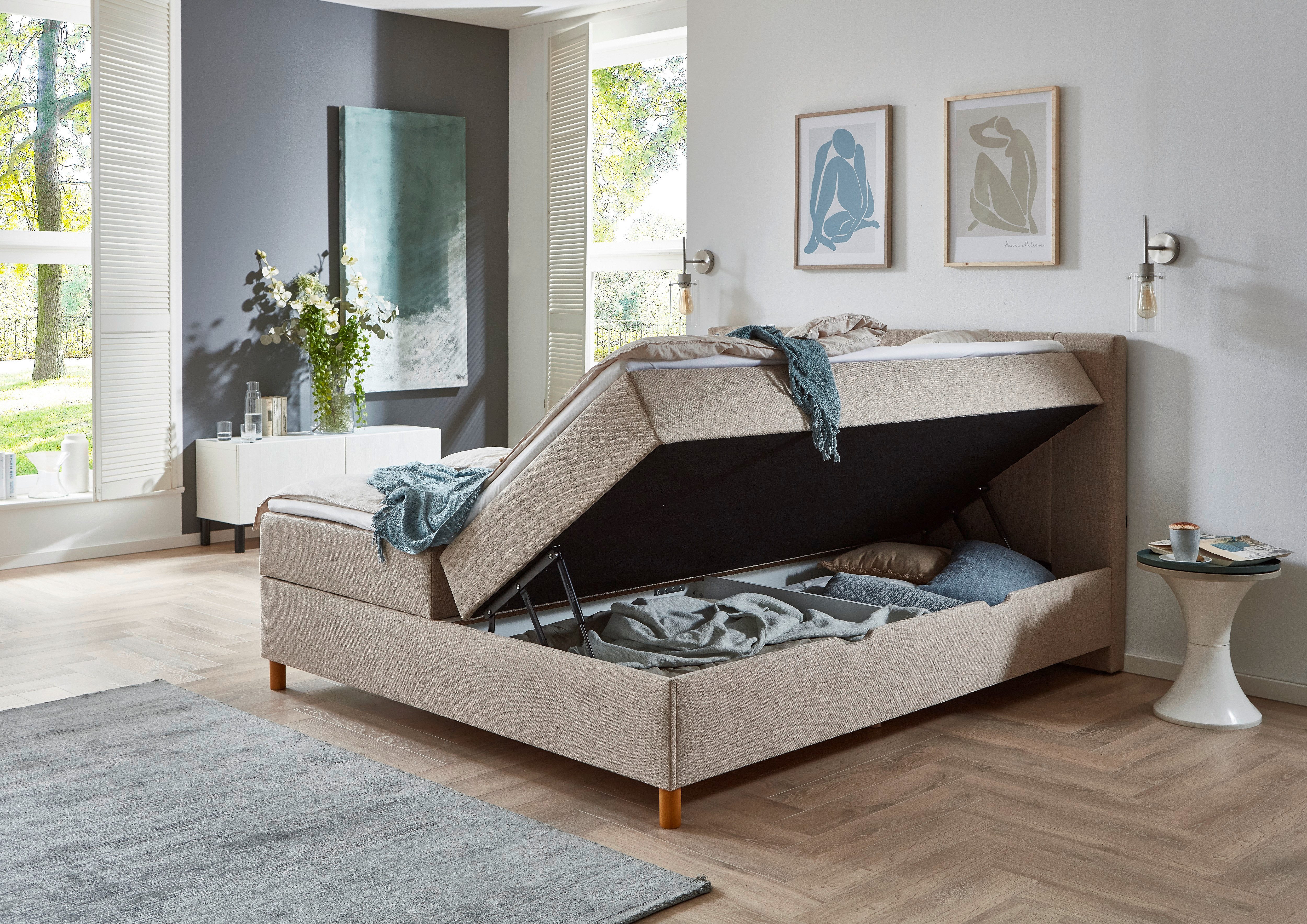 INOSIGN Boxspring Escalon II, met opbergruimte, inclusief topper, met houten poten