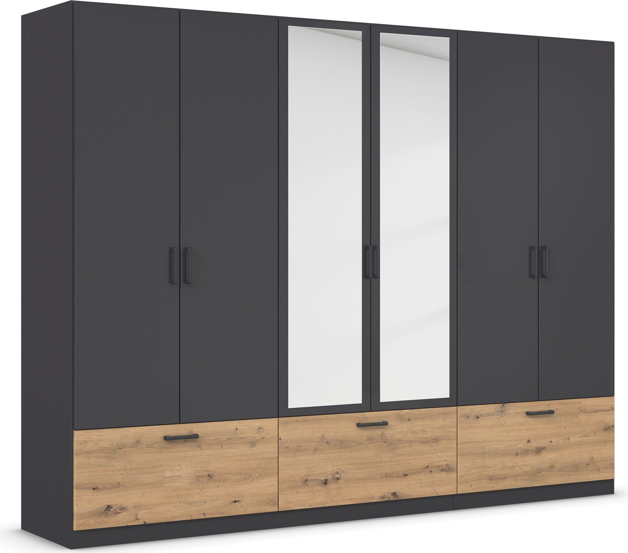 rauch Draaideurkast Kledingkast kast garderobe waskast BARI met spiegel met lades en moderne greep in grijs metallic made in germany
