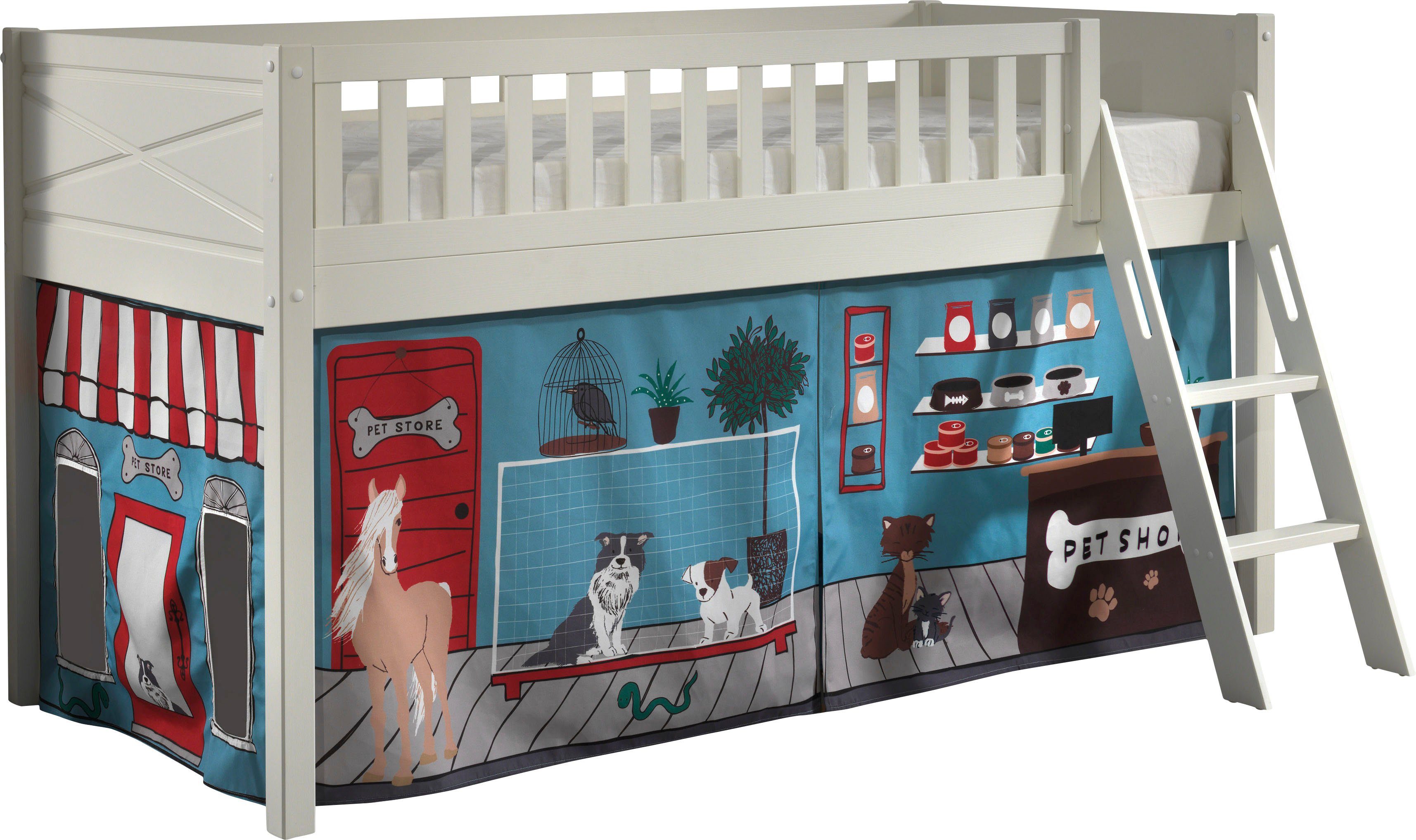 Vipack Hoogslaper Scott met schuine ladder, ligoppervlak 90 x 200 cm, doek, tunnel, 7 designs hoogslapers wit