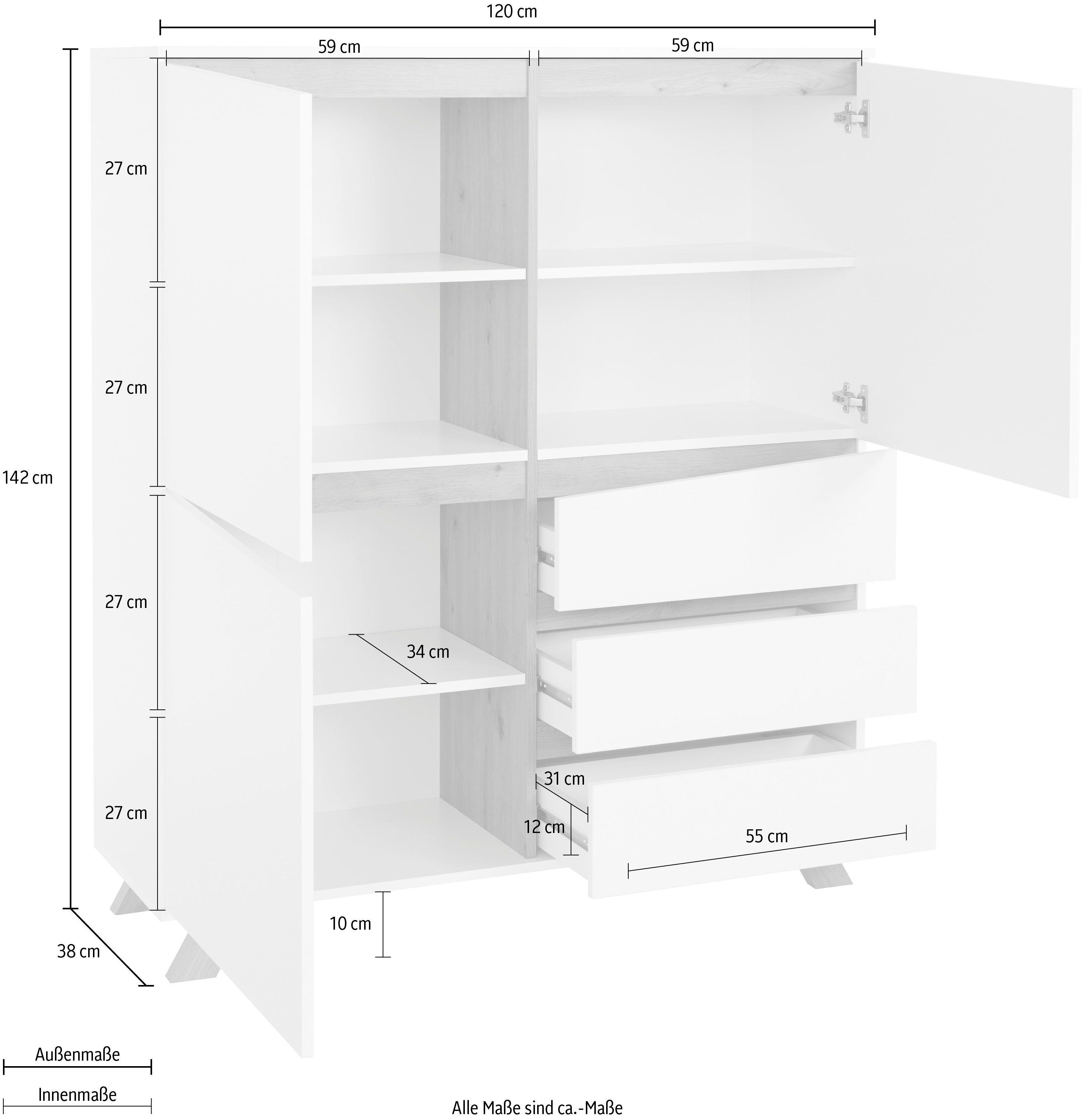 Homexperts Highboard Vicky , breedte 120 cm, hoogte 142 cm, in matwit