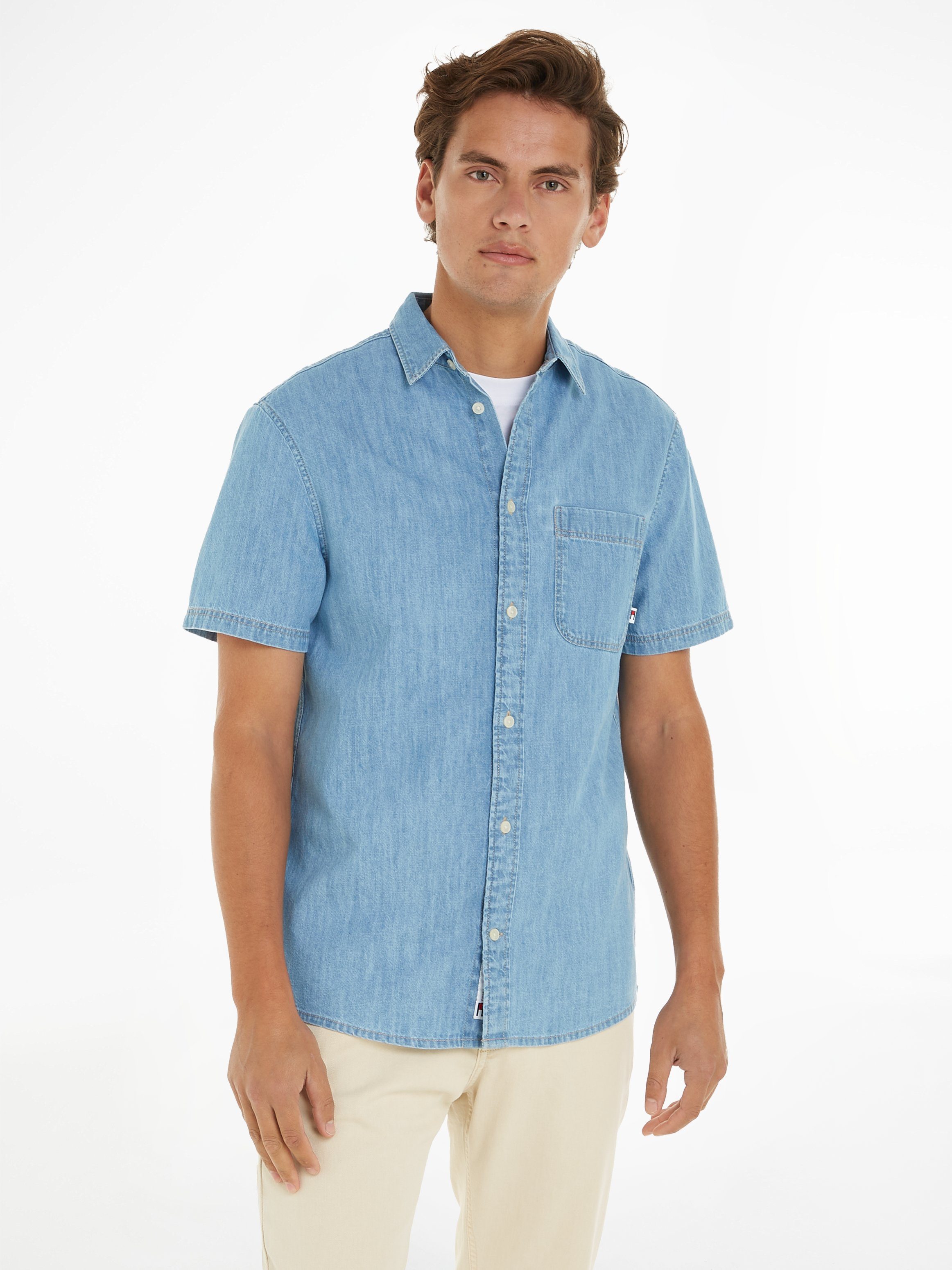TOMMY Jeans overhemd TJM REG DENIM SS SHIRT heren denim overhemden maat S blauw