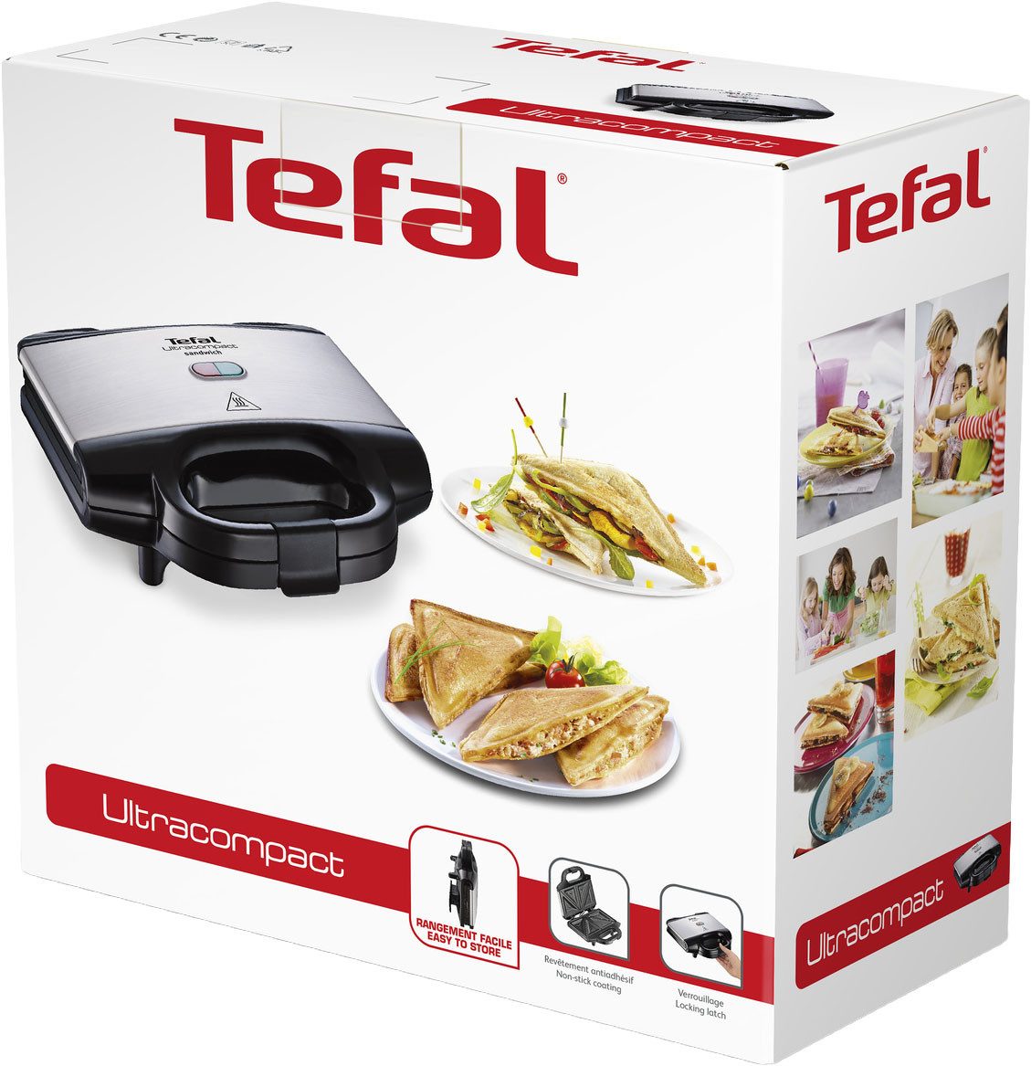 Tefal Sandwichmaker Ultracompact, eenvoudige reiniging, vergrendelknop, geïsoleerde handgreep bakplaten met antiaanbaklaag, gemakkelijk te reinigen, afm.: 26,5x12x26 cm